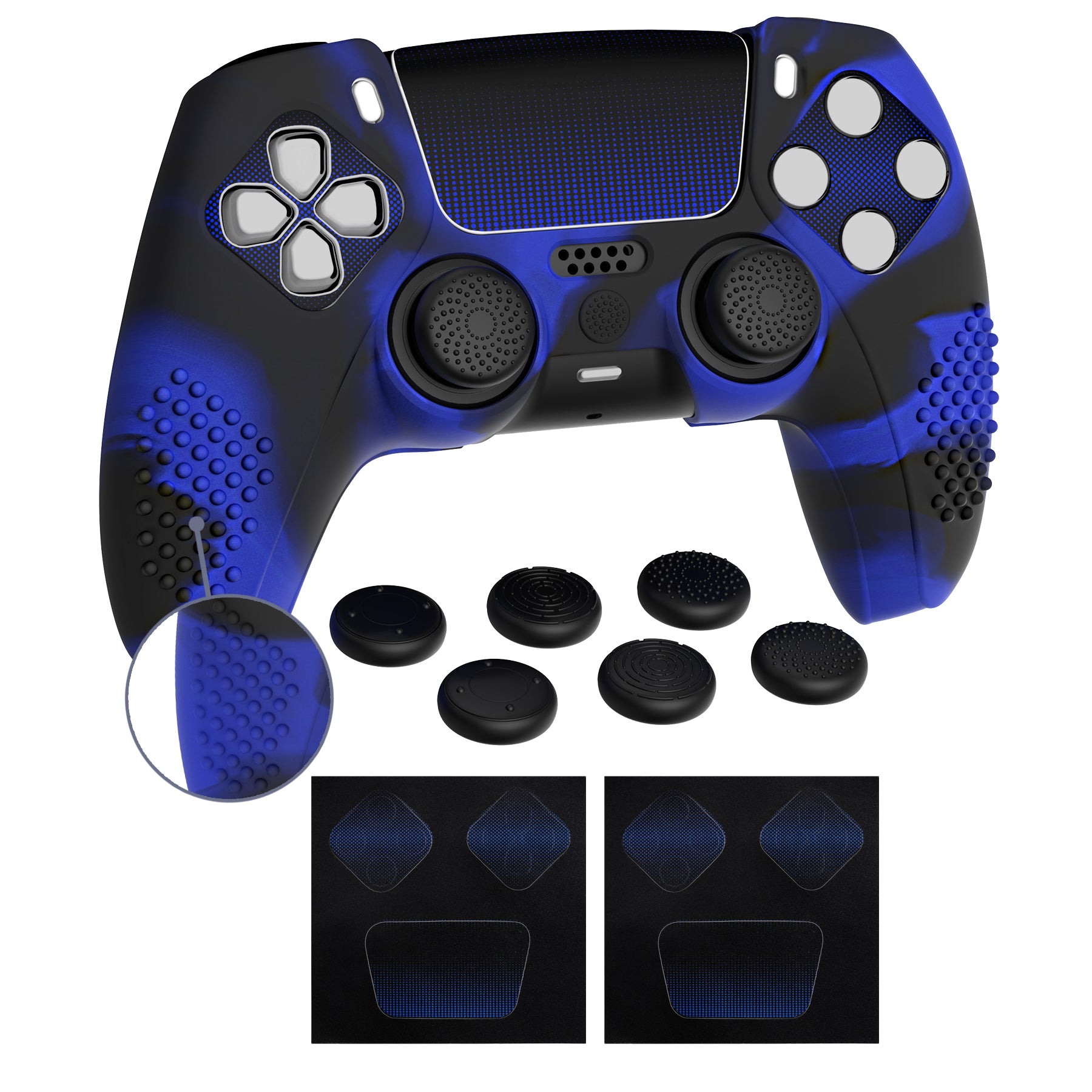 PlayVital Upgraded 3D Studded Edition Anti-Slip Silicone Cover Skin with 6 Thumb Grips & 2 Stickers for PS5 Controller, Compatible with Charging Dock - Blue & Black PlayVital
