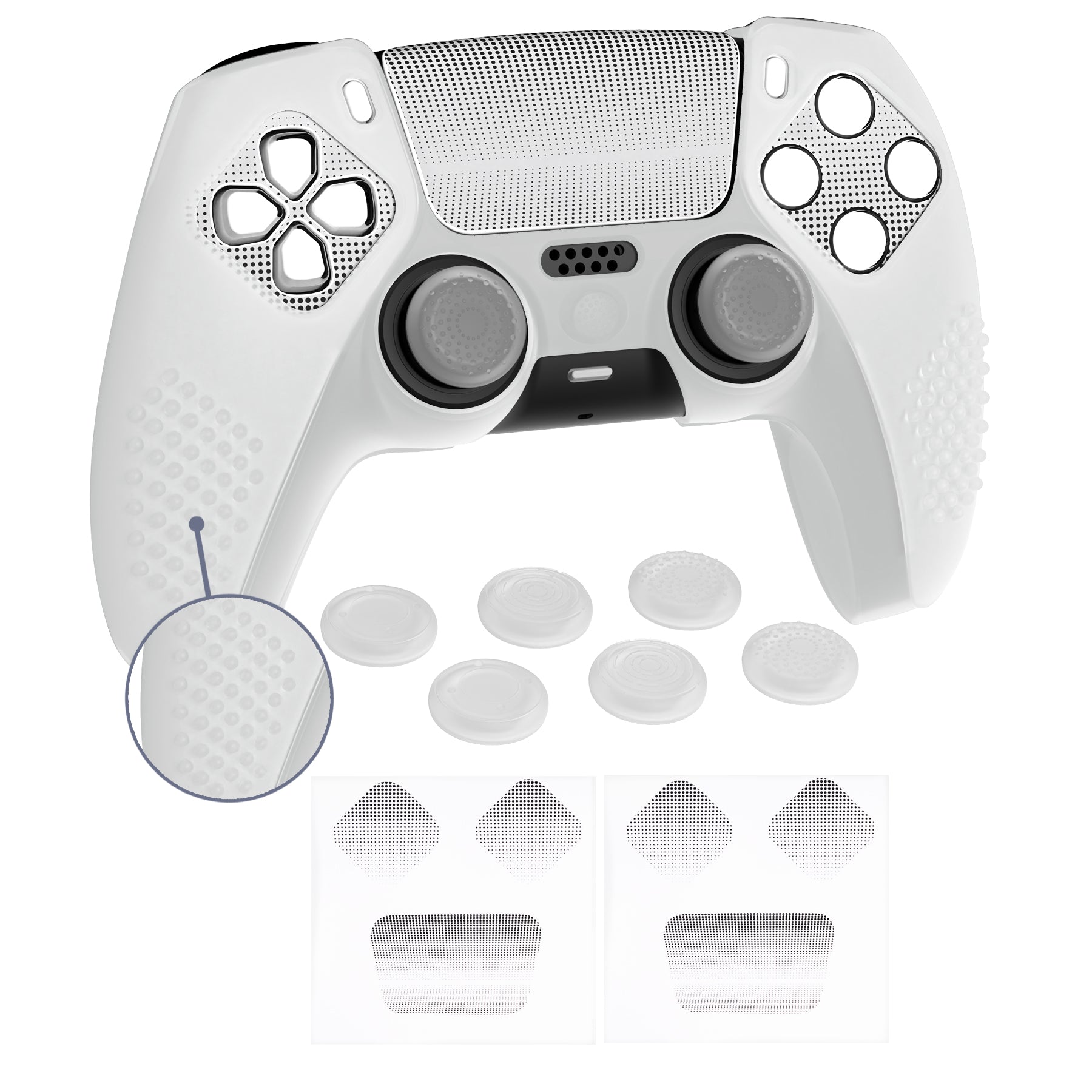 PlayVital Upgraded 3D Studded Edition Anti-Slip Silicone Cover Skin with 6 Thumb Grips & 2 Stickers for PS5 Controller, Compatible with Charging Dock - Clear White PlayVital
