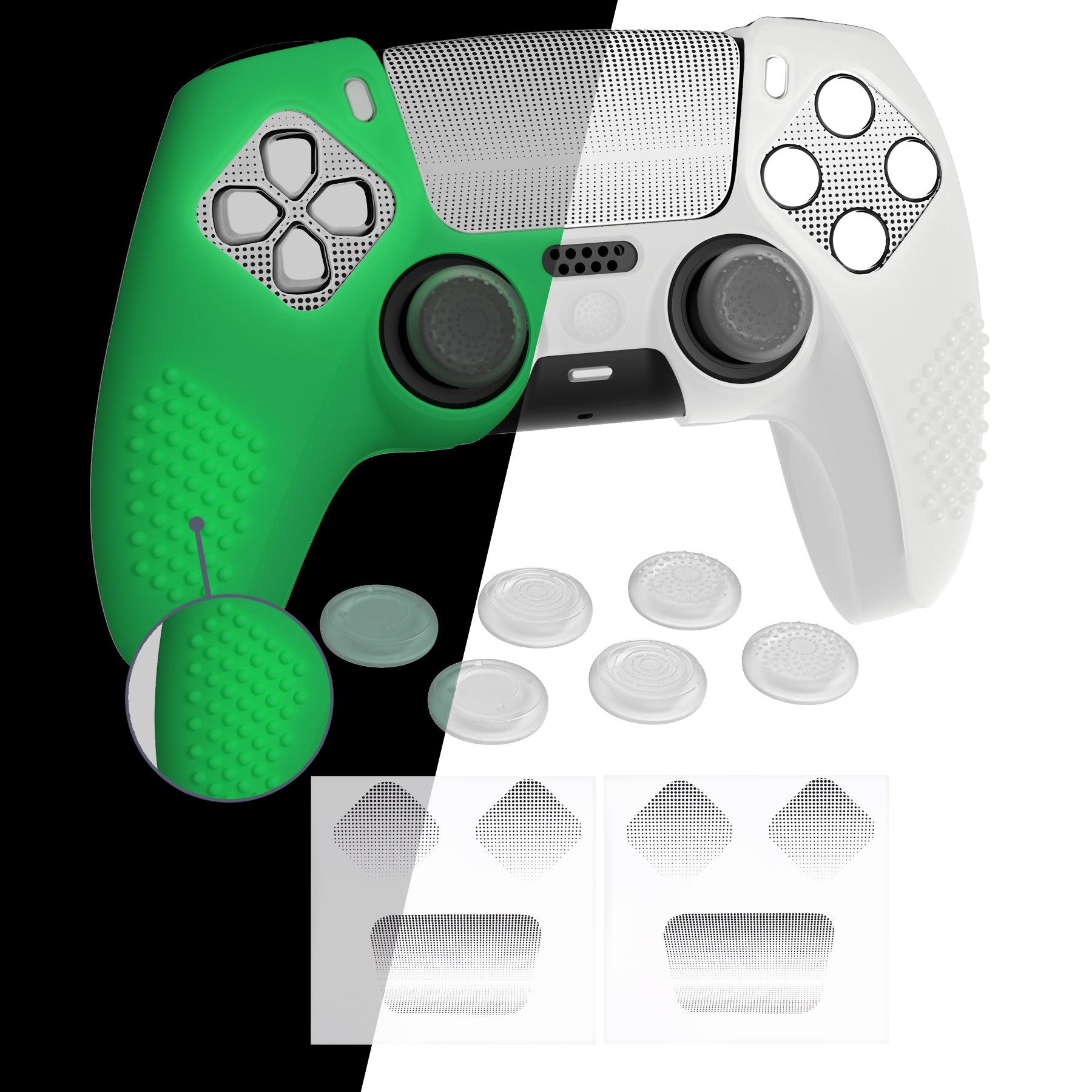 PlayVital Upgraded 3D Studded Edition Anti-Slip Silicone Cover Skin with 6 Thumb Grips & 2 Stickers for PS5 Controller, Compatible with Charging Dock - Glow in Dark - Green PlayVital