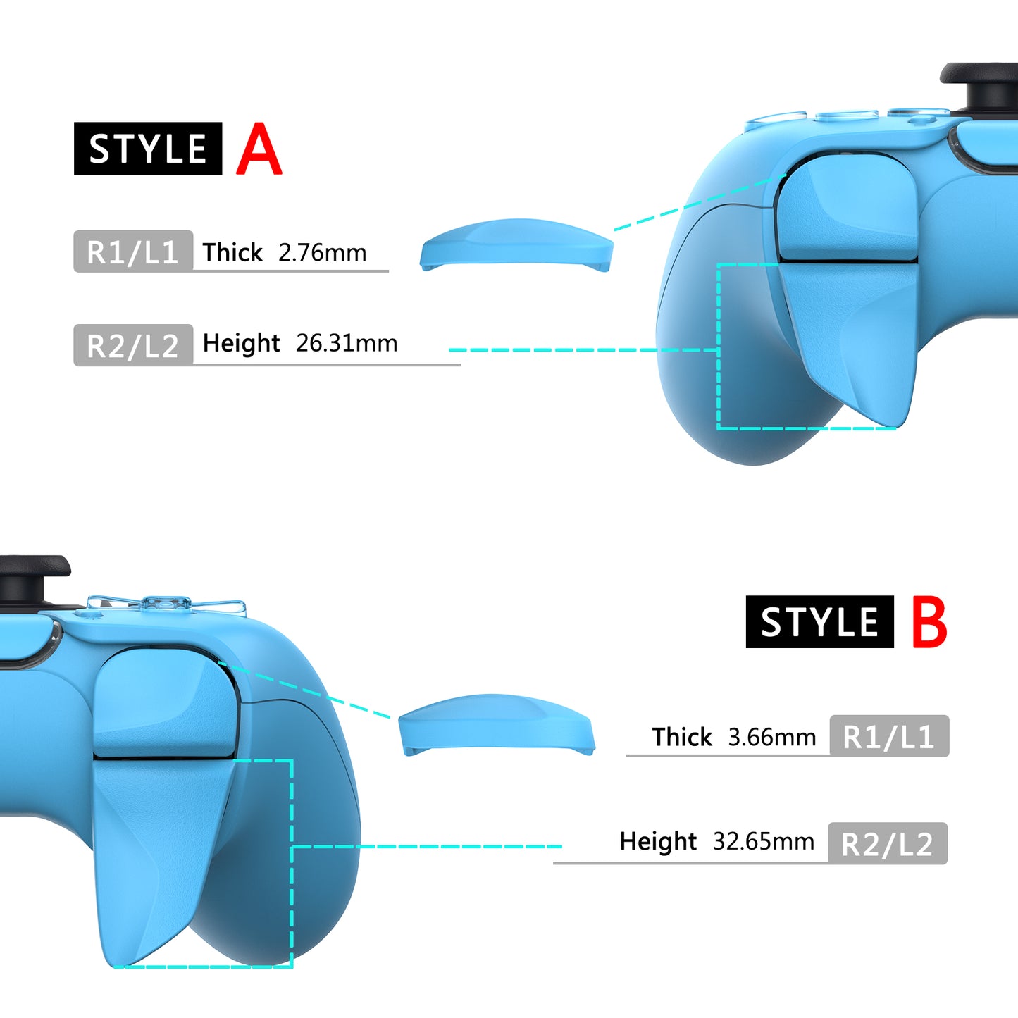 PlayVital Starlight Blue 2 Pair Shoulder Buttons Extension Triggers for PS5 Controller, Game Improvement Adjusters for PS5 Controller, Bumper Trigger Extenders for PS5 Controller - PFPJ089 PlayVital