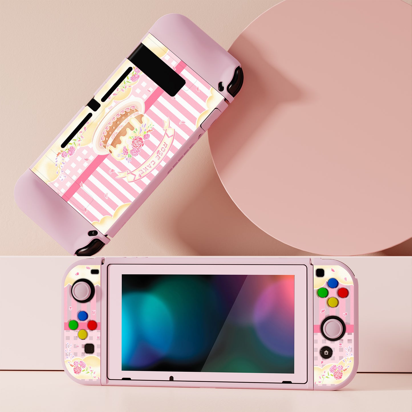 PlayVital ZealProtect Soft Protective Case for Nintendo Switch, Flexible Cover for Switch with Tempered Glass Screen Protector & Thumb Grips & ABXY Direction Button Caps - Rose Cake - RNSYV6006 playvital
