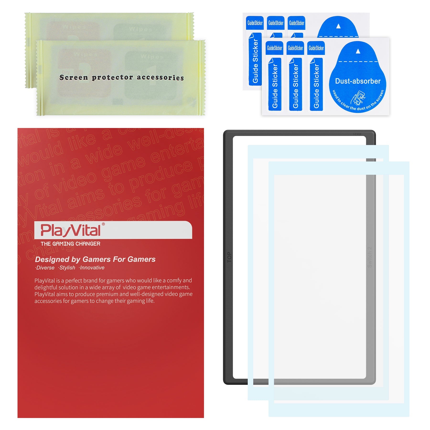 PlayVital 2-Pack Tempered Glass Screen Protector with Easy Alignment Frame for Nintendo Switch 2 - Heaven Blue PlayVital