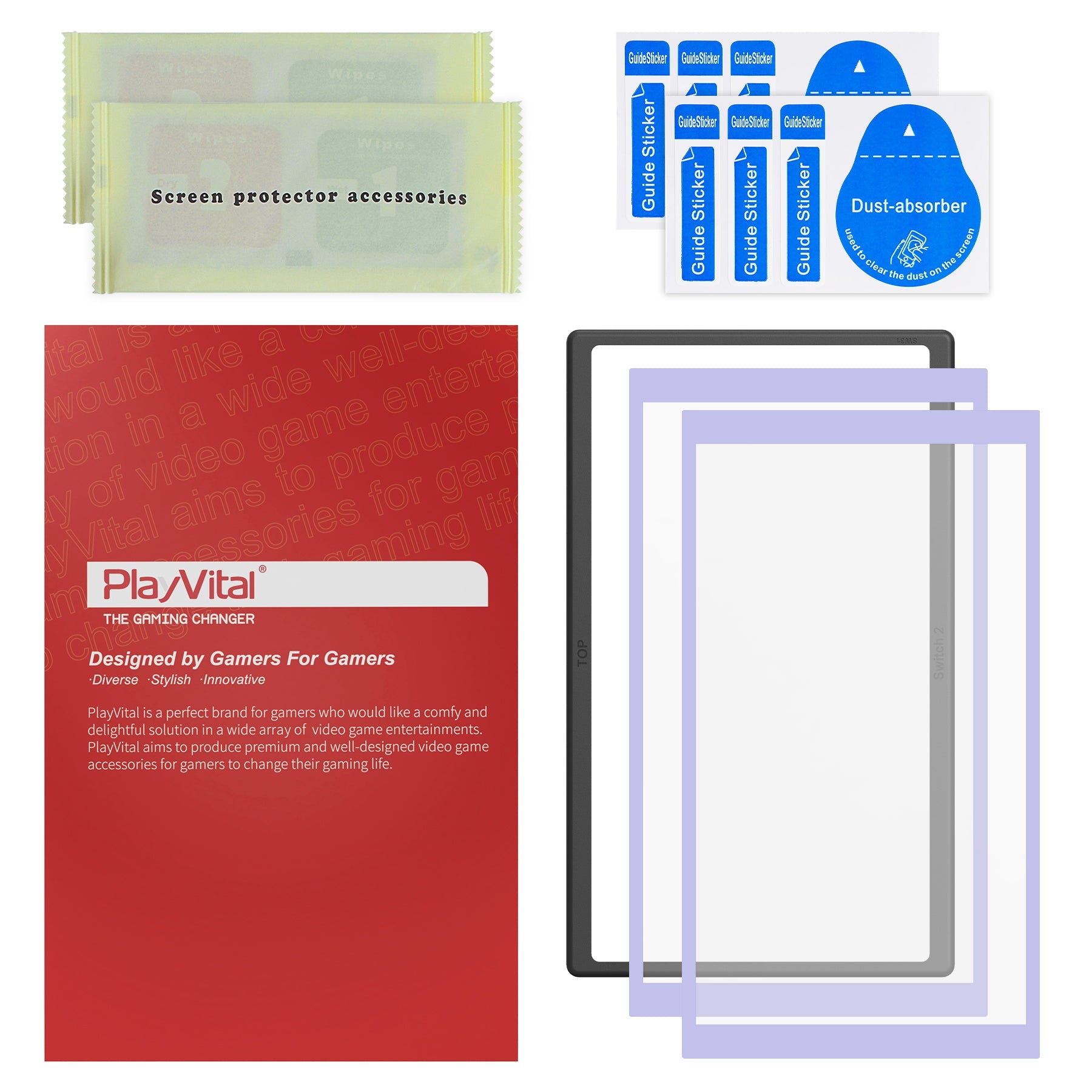 PlayVital 2-Pack Tempered Glass Screen Protector with Easy Alignment Frame for Nintendo Switch 2 - Light Violet PlayVital