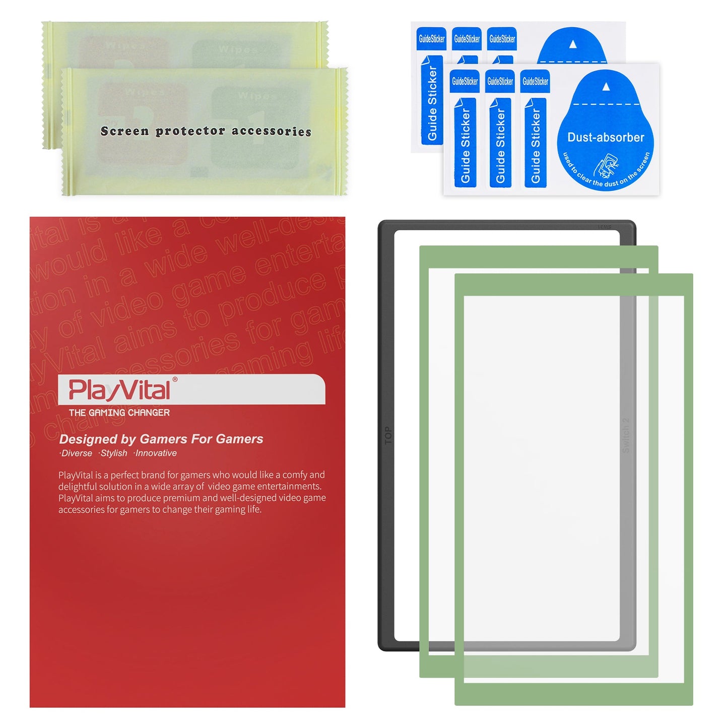 PlayVital 2-Pack Tempered Glass Screen Protector with Easy Alignment Frame for Nintendo Switch 2 - Matcha Green PlayVital