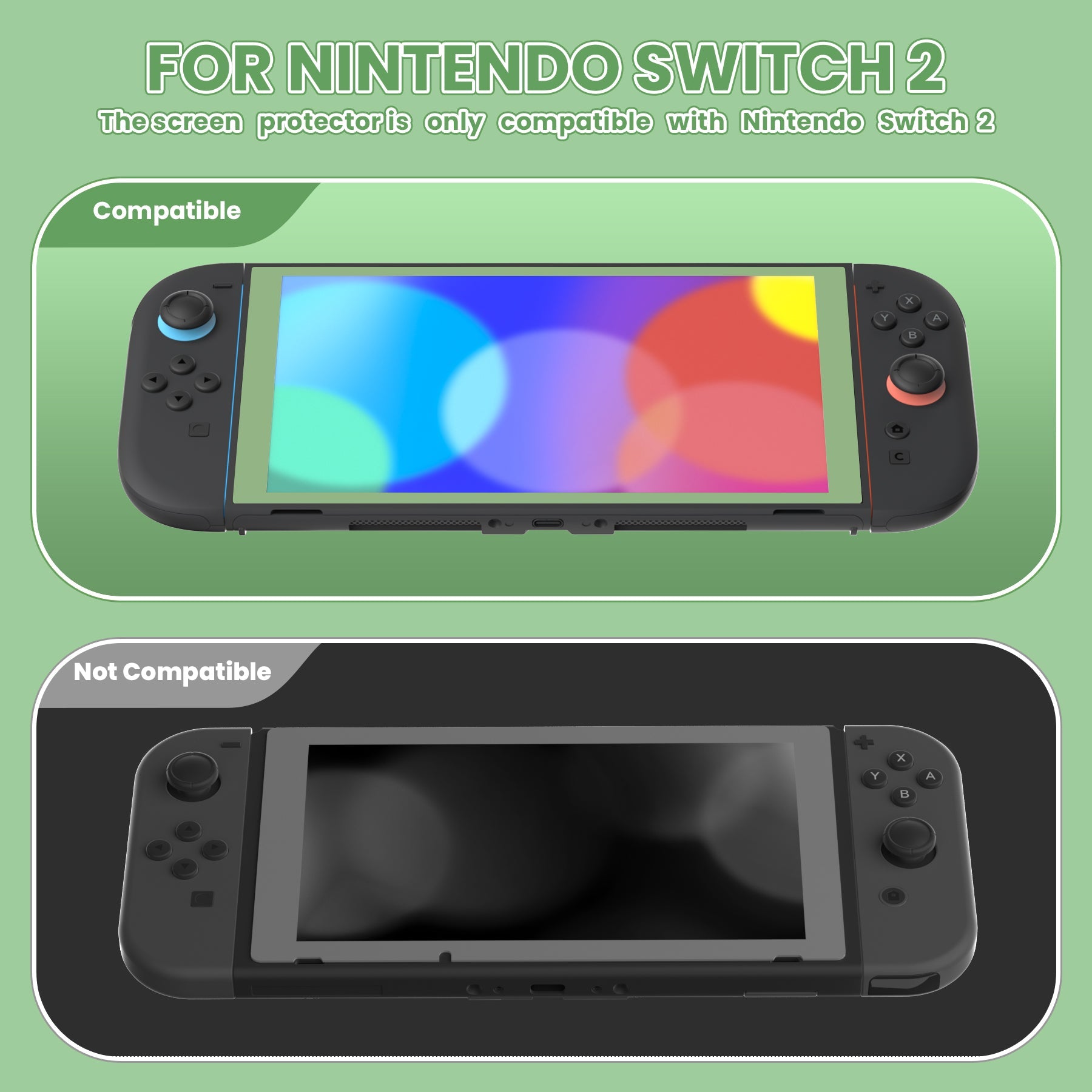 PlayVital 2-Pack Tempered Glass Screen Protector with Easy Alignment Frame for Nintendo Switch 2 - Matcha Green PlayVital