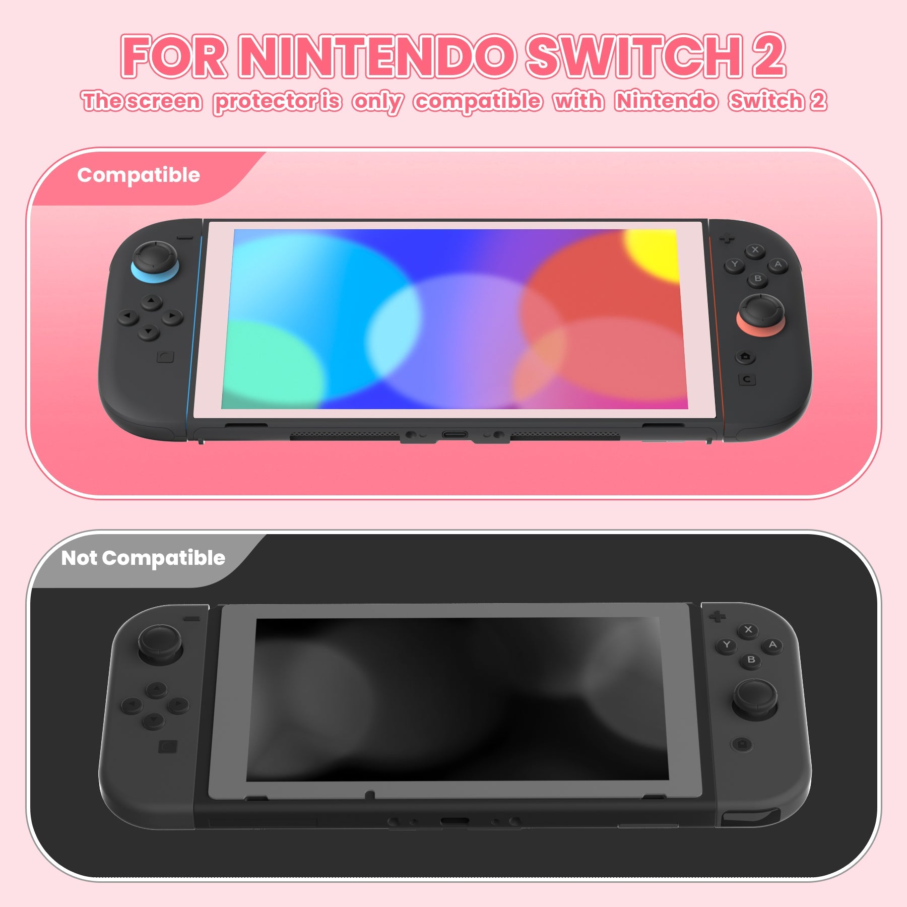 PlayVital 2-Pack Tempered Glass Screen Protector with Easy Alignment Frame for Nintendo Switch 2 - Pink PlayVital