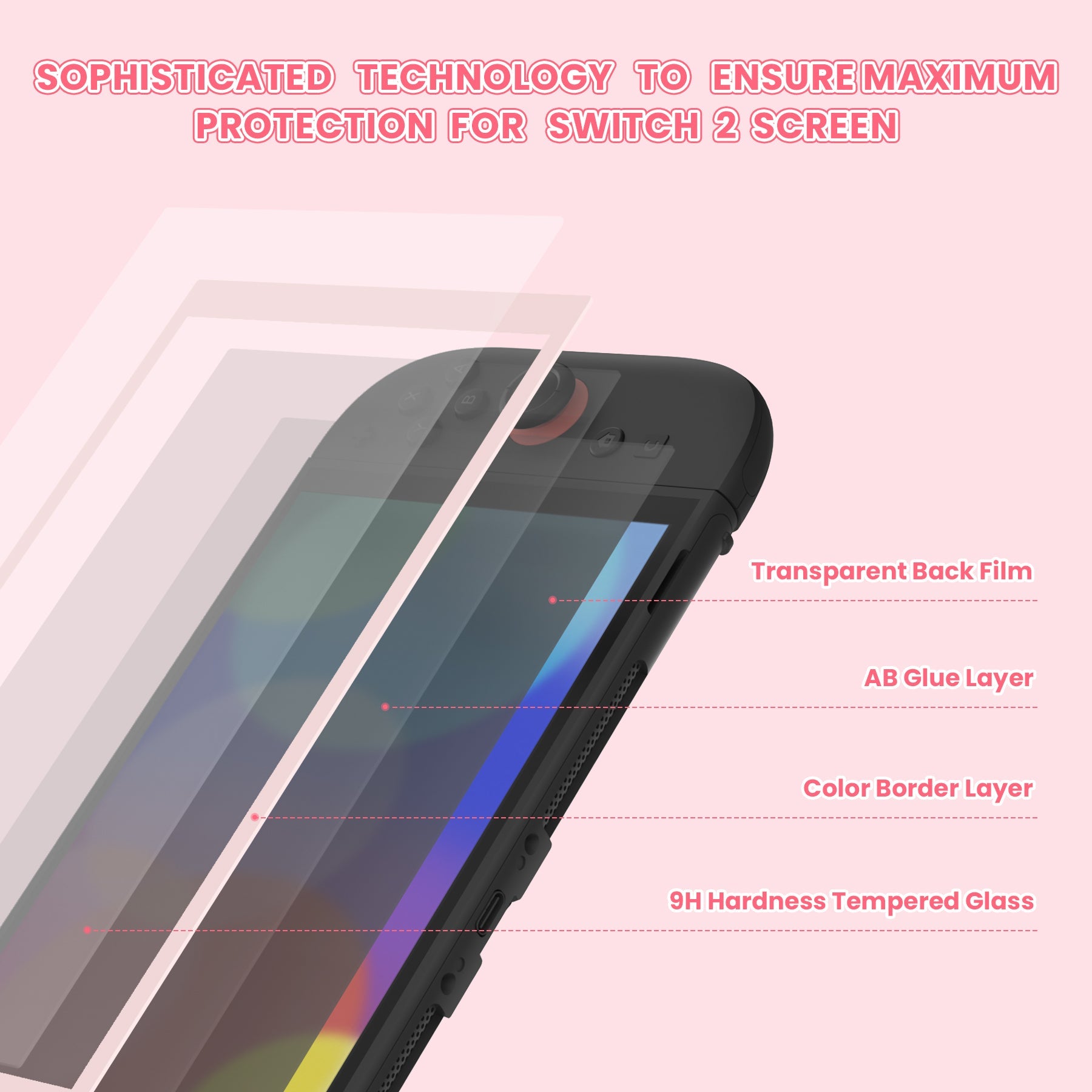 PlayVital 2-Pack Tempered Glass Screen Protector with Easy Alignment Frame for Nintendo Switch 2 - Pink PlayVital