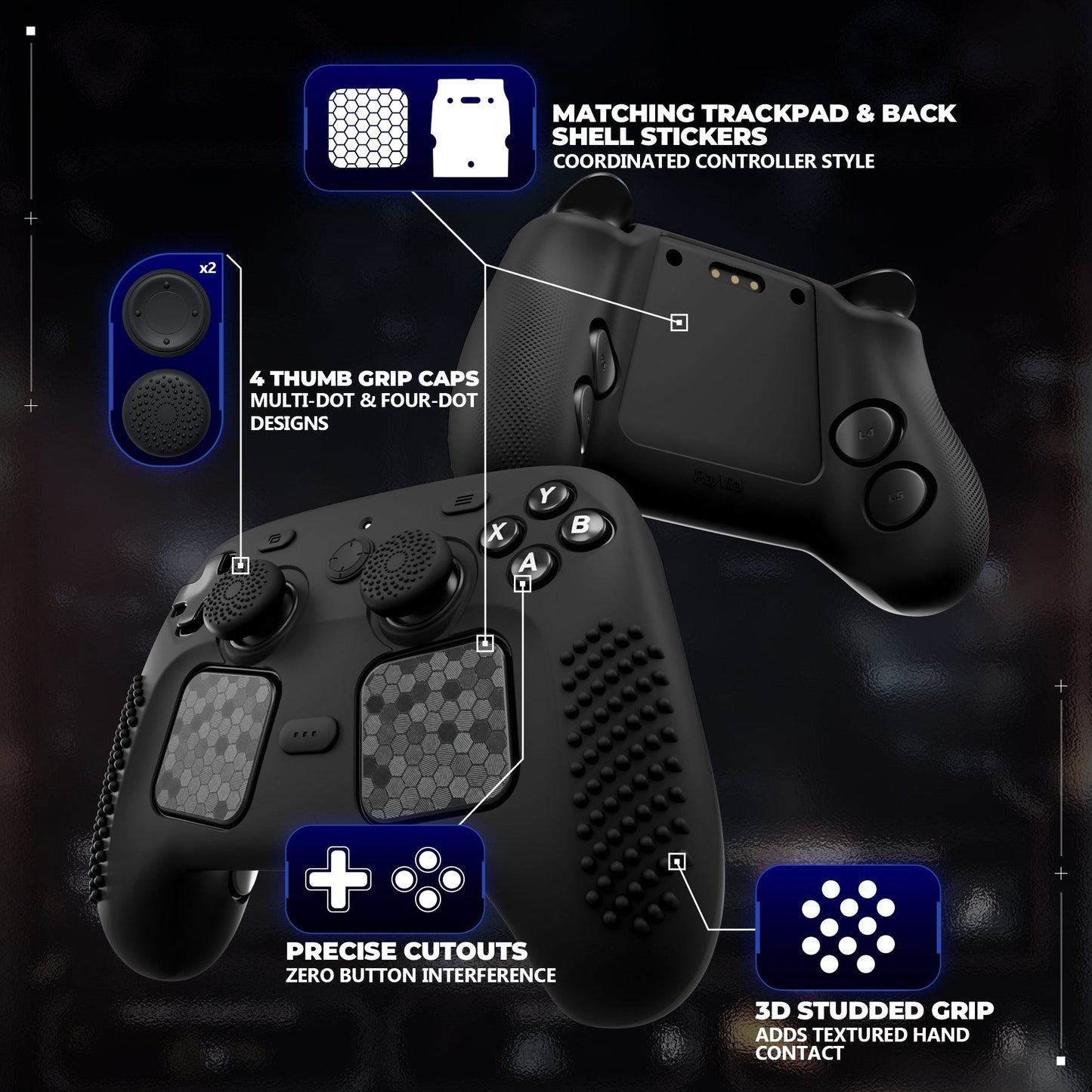 PlayVital 3D Studded Silicone Case with 4 Thumb Grips & Stickers for Steam Controller 2 (2026) - Black PlayVital
