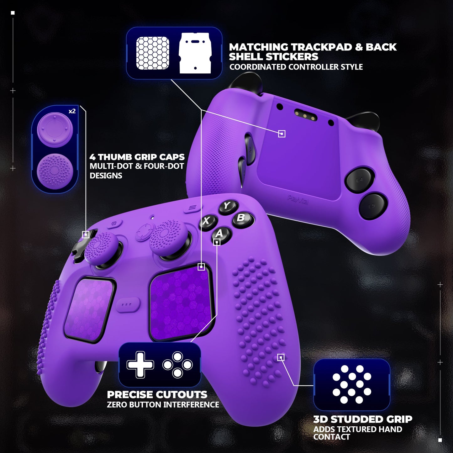 PlayVital 3D Studded Silicone Case with 4 Thumb Grips & Stickers for Steam Controller 2 (2026) - Purple PlayVital