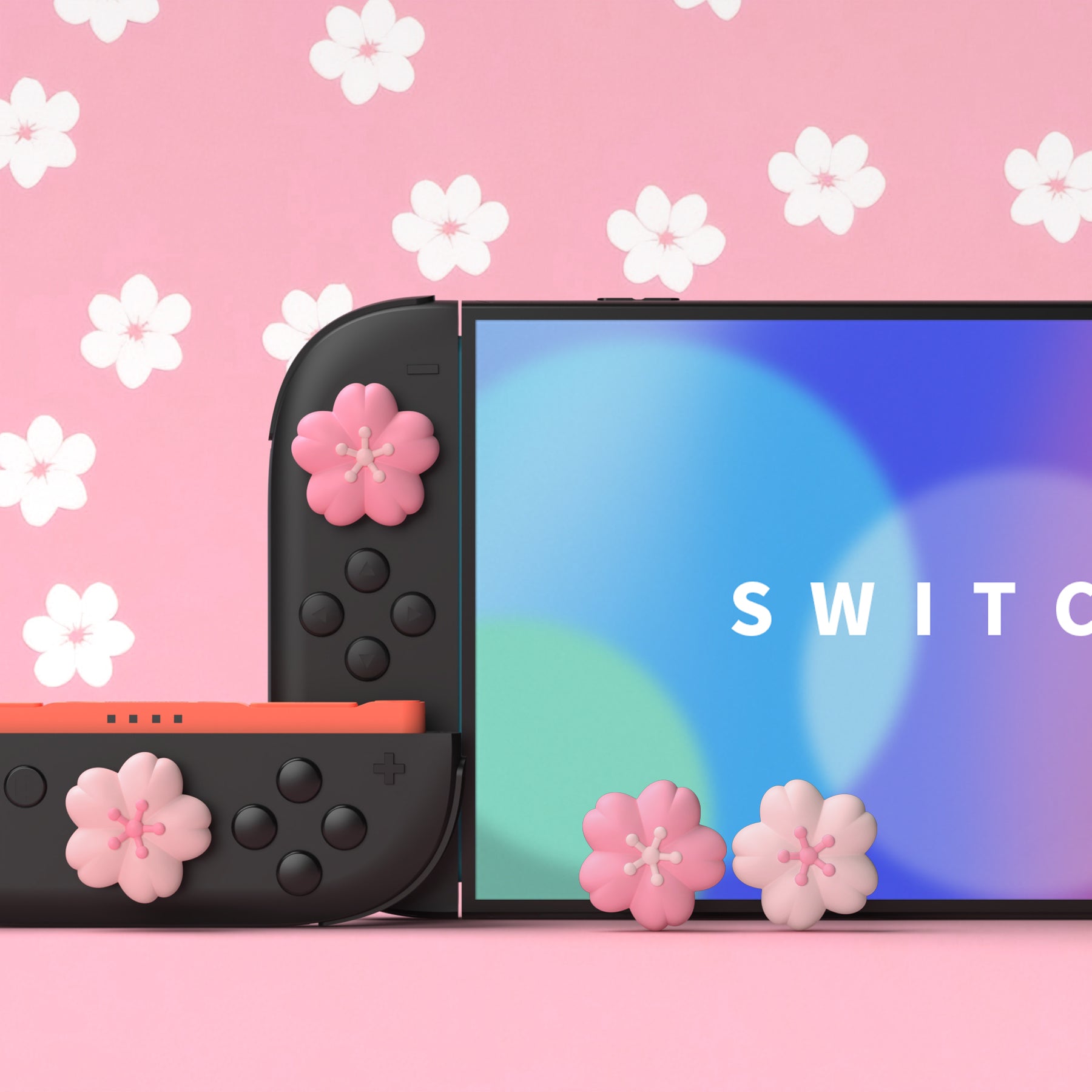 PlayVital 4 Pcs Cute Thumb Grip Caps for Nintendo Switch 2 - Blush Cherry Blossom Petals PlayVital