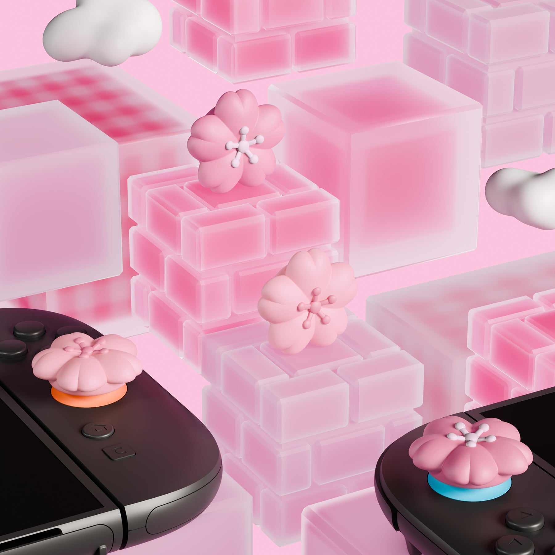 PlayVital 4 Pcs Cute Thumb Grip Caps for Nintendo Switch 2 - Blush Cherry Blossom Petals PlayVital