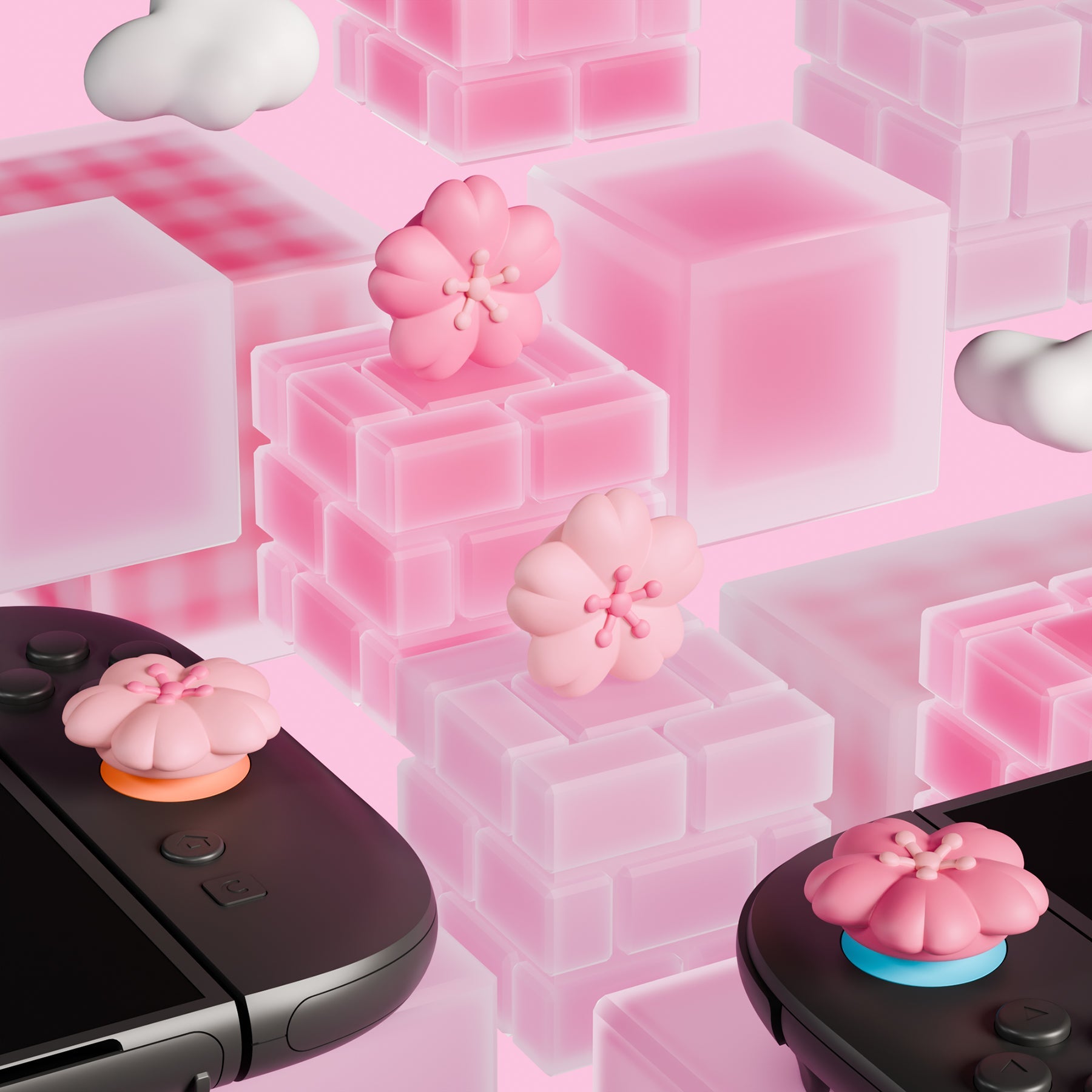 PlayVital 4 Pcs Cute Thumb Grip Caps for Nintendo Switch 2 - Blush Cherry Blossom Petals PlayVital
