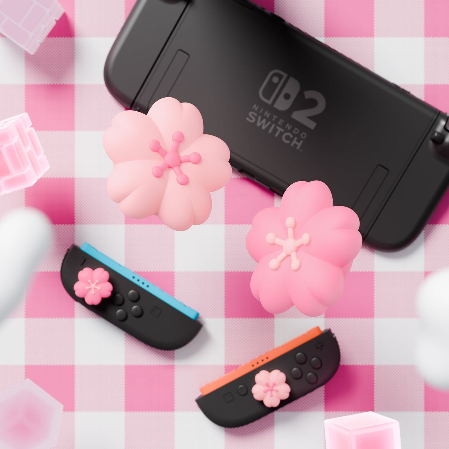 PlayVital 4 Pcs Cute Thumb Grip Caps for Nintendo Switch 2 - Blush Cherry Blossom Petals PlayVital