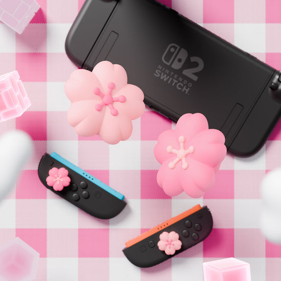 PlayVital 4 Pcs Cute Thumb Grip Caps for Nintendo Switch 2 - Blush Cherry Blossom Petals PlayVital