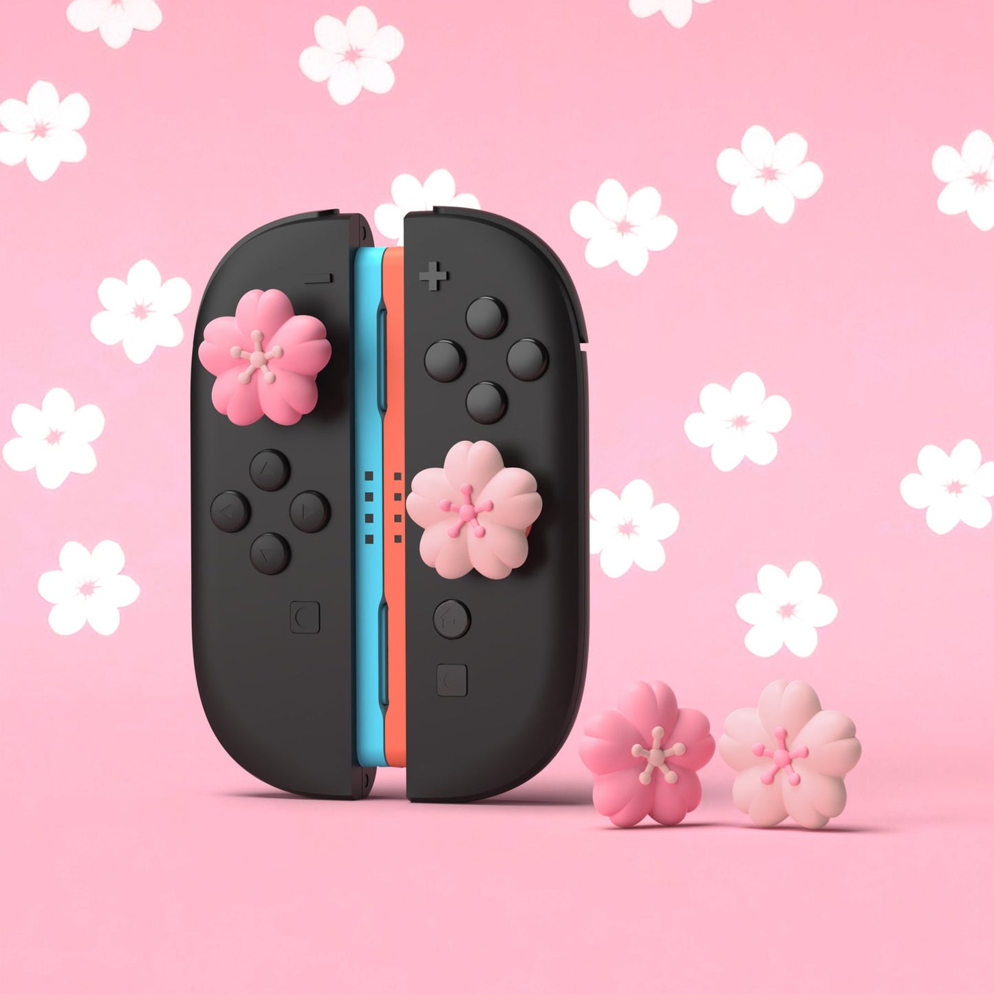PlayVital 4 Pcs Cute Thumb Grip Caps for Nintendo Switch 2 - Blush Cherry Blossom Petals PlayVital