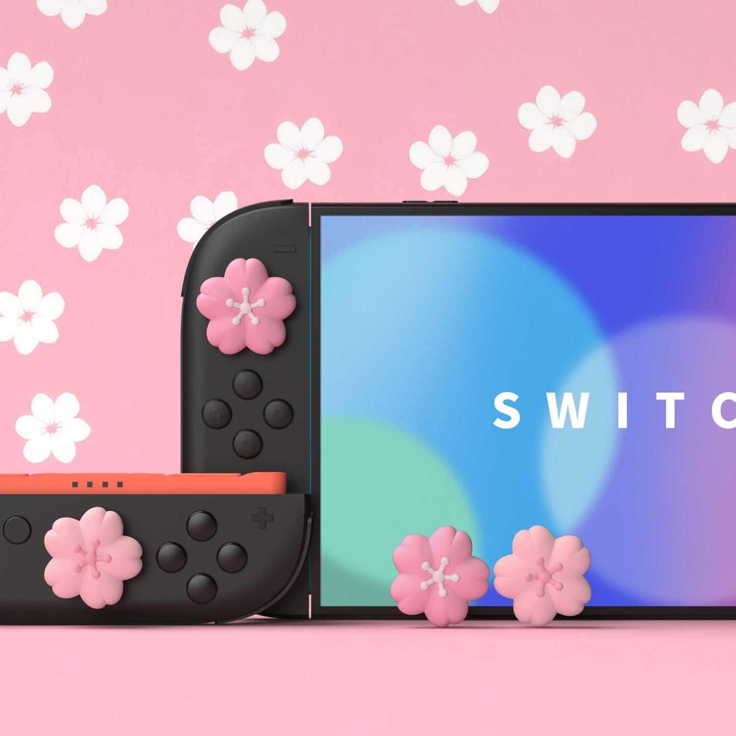 PlayVital 4 Pcs Cute Thumb Grip Caps for Nintendo Switch 2 - Blush Cherry Blossom Petals PlayVital