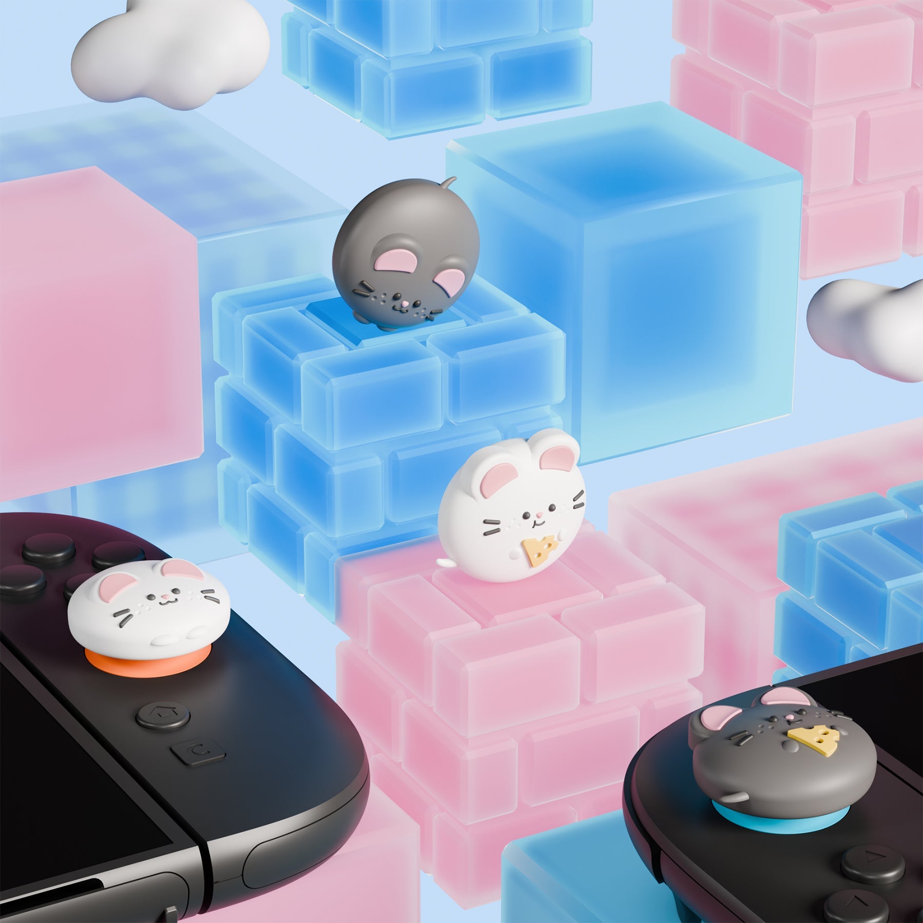 PlayVital 4 Pcs Cute Thumb Grip Caps for Nintendo Switch 2 - Cheese Mousie & Peek Mousie PlayVital