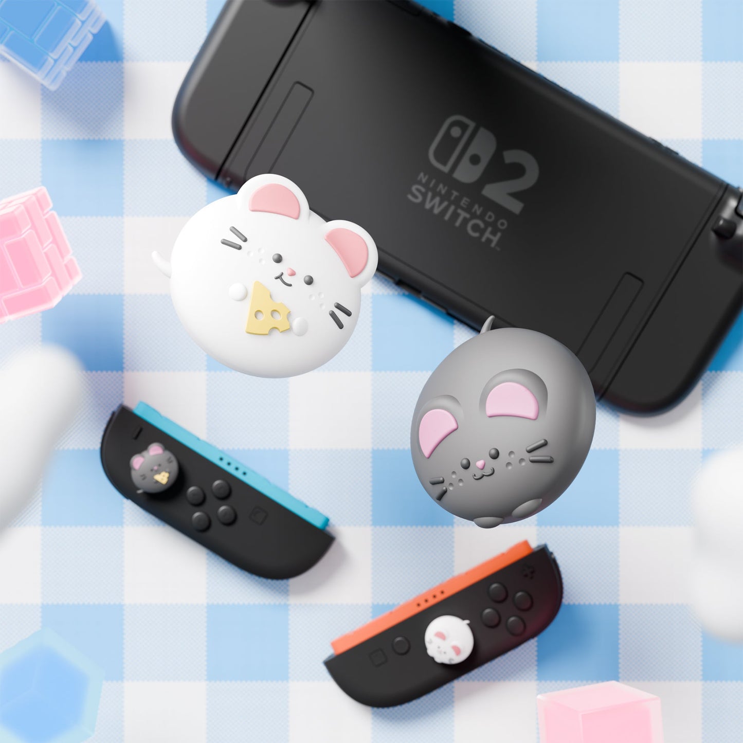 PlayVital 4 Pcs Cute Thumb Grip Caps for Nintendo Switch 2 - Cheese Mousie & Peek Mousie PlayVital