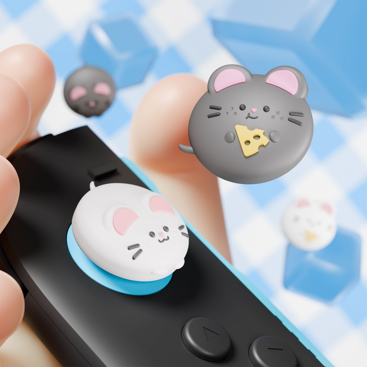 PlayVital 4 Pcs Cute Thumb Grip Caps for Nintendo Switch 2 - Cheese Mousie & Peek Mousie PlayVital