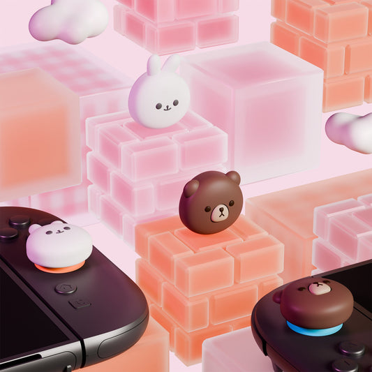 PlayVital 4 Pcs Cute Thumb Grip Caps for Nintendo Switch 2 - Chubby Bear & Smiley Bunny PlayVital