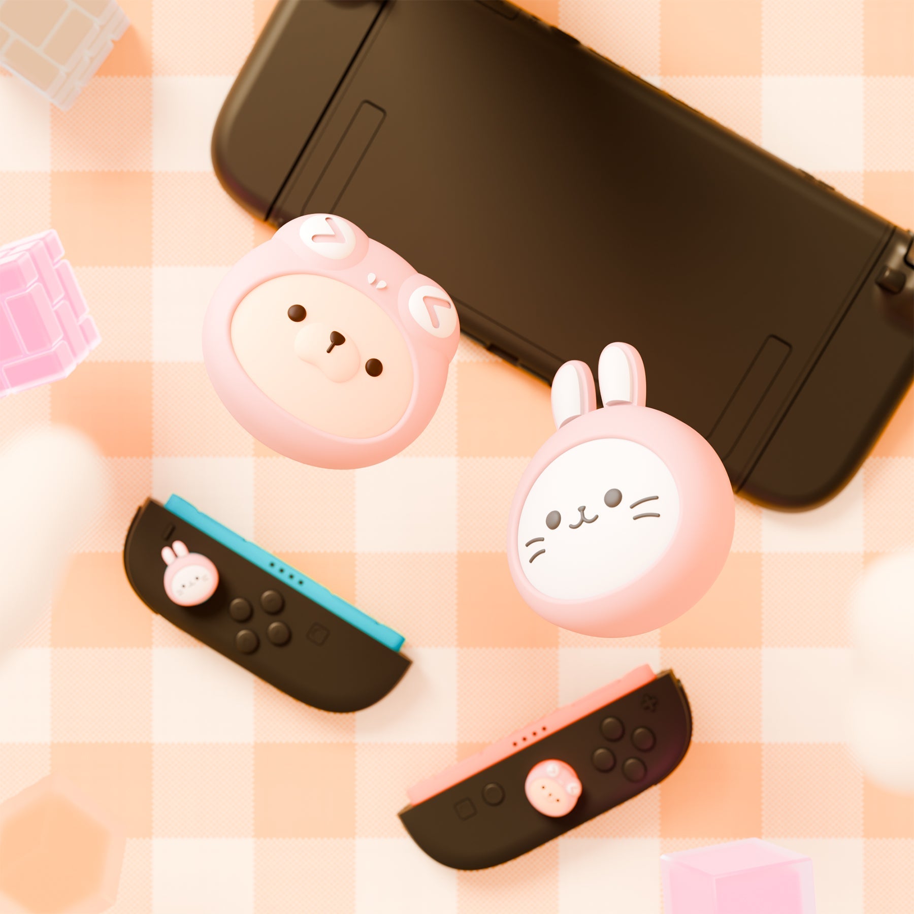 PlayVital 4 Pcs Cute Thumb Grip Caps for Nintendo Switch 2 - Pink Cosplaying Kitten & Puppy PlayVital