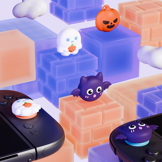 PlayVital 6 Pcs Cute Thumb Grip Caps for Nintendo Switch 2 - Halloween Pumpkin Bat with Spooky Ghost PlayVital