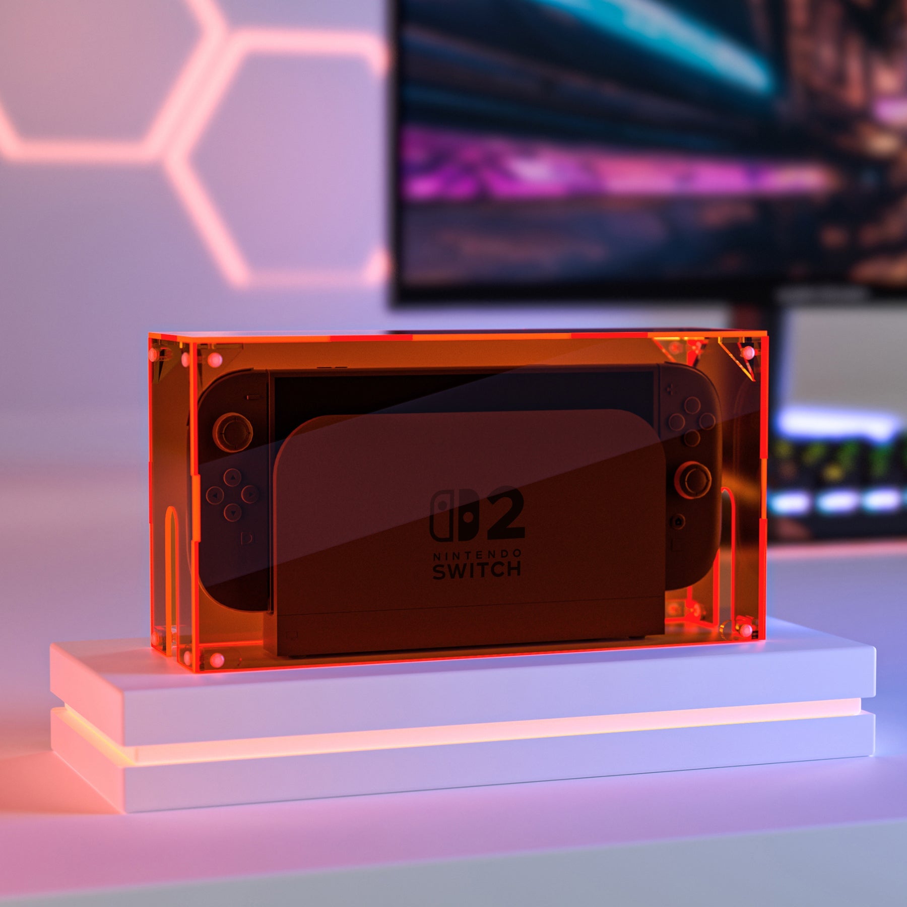 PlayVital Acrylic Dust Cover for Nintendo Switch 2 Console & Charging Dock Assemble Waterproof Protective Box Cover Sleeve for Nintendo Switch 2 (2025) - Clear Orange PlayVital