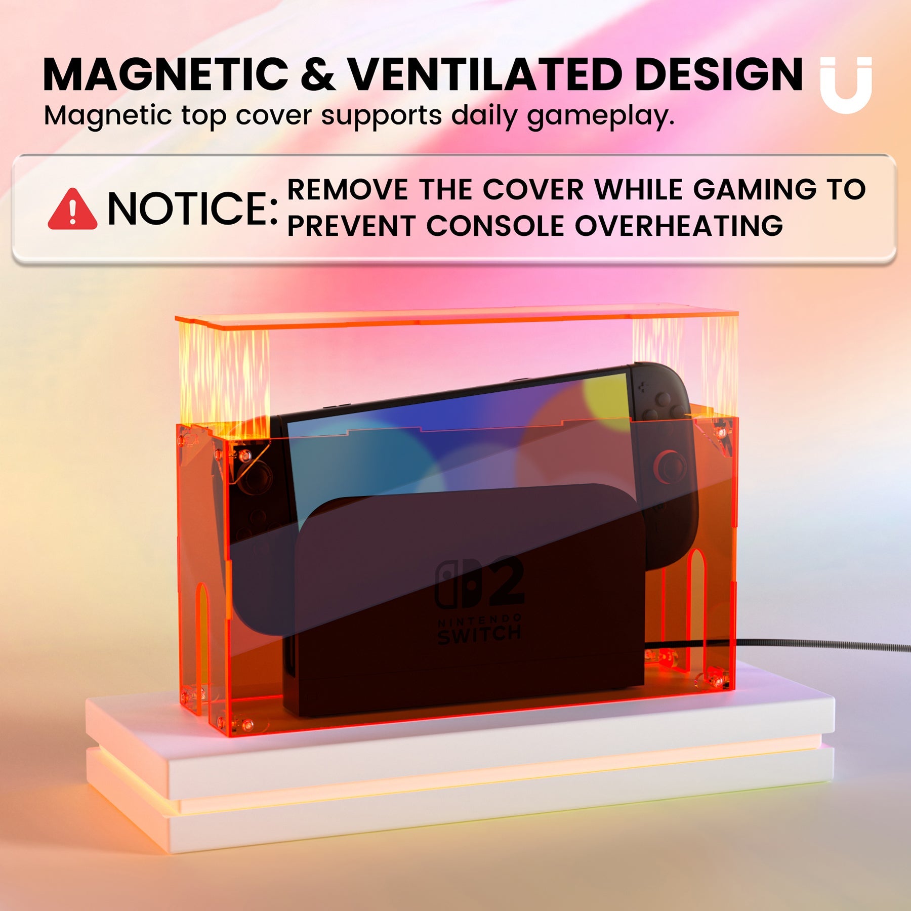 PlayVital Acrylic Dust Cover for Nintendo Switch 2 Console & Charging Dock Assemble Waterproof Protective Box Cover Sleeve for Nintendo Switch 2 (2025) - Clear Orange PlayVital