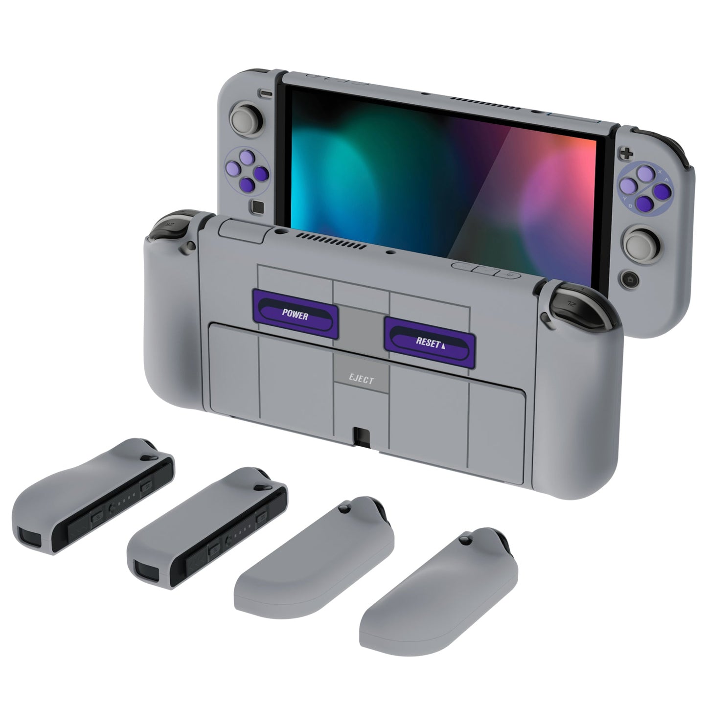 PlayVital AlterGrips Dockable Hard Shell Protective Case with Thumb Grip Caps & Button Caps for Nintendo Switch OLED - Classics SNES Style playvital