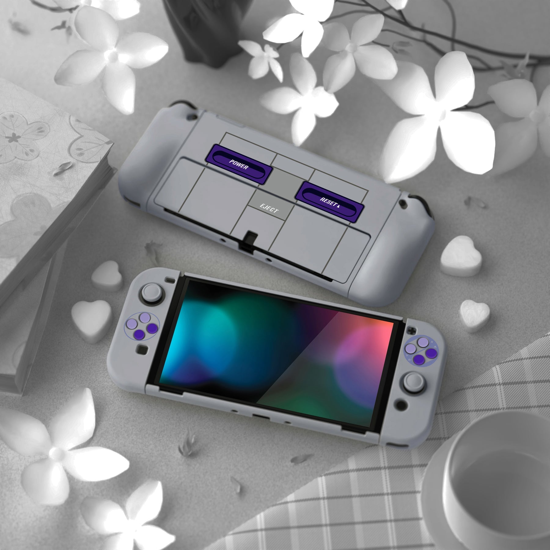 PlayVital AlterGrips Dockable Hard Shell Protective Case with Thumb Grip Caps & Button Caps for Nintendo Switch OLED - Classics SNES Style playvital