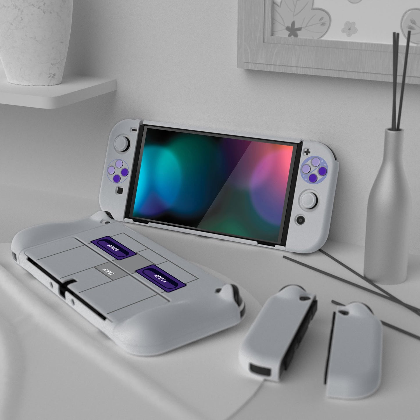 PlayVital AlterGrips Dockable Hard Shell Protective Case with Thumb Grip Caps & Button Caps for Nintendo Switch OLED - Classics SNES Style playvital