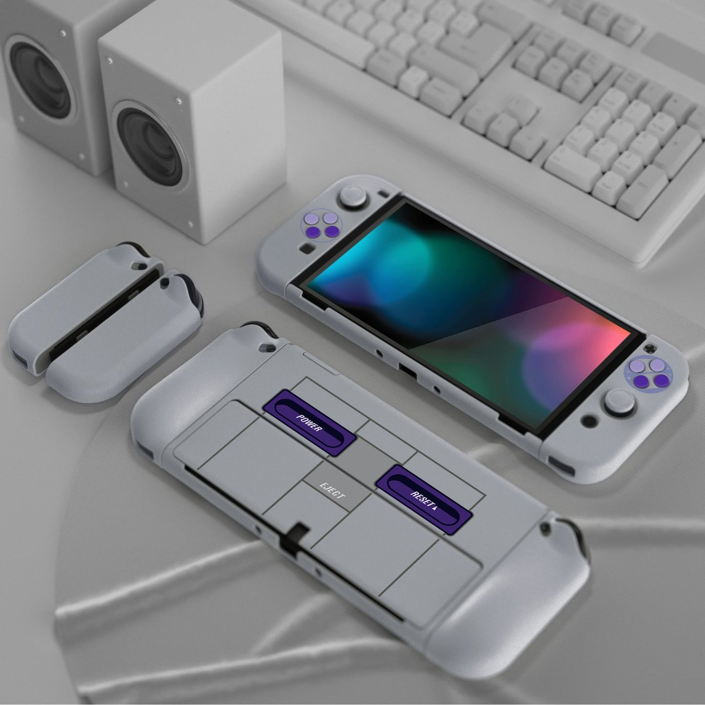 PlayVital AlterGrips Dockable Hard Shell Protective Case with Thumb Grip Caps & Button Caps for Nintendo Switch OLED - Classics SNES Style playvital