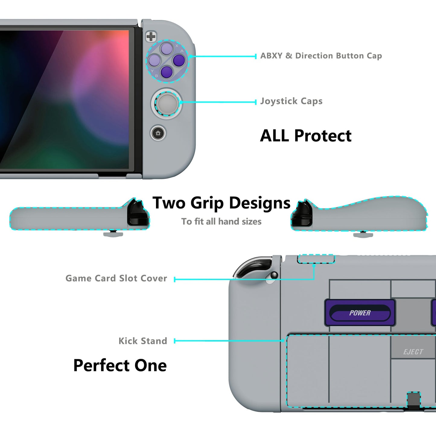 PlayVital AlterGrips Dockable Hard Shell Protective Case with Thumb Grip Caps & Button Caps for Nintendo Switch OLED - Classics SNES Style playvital