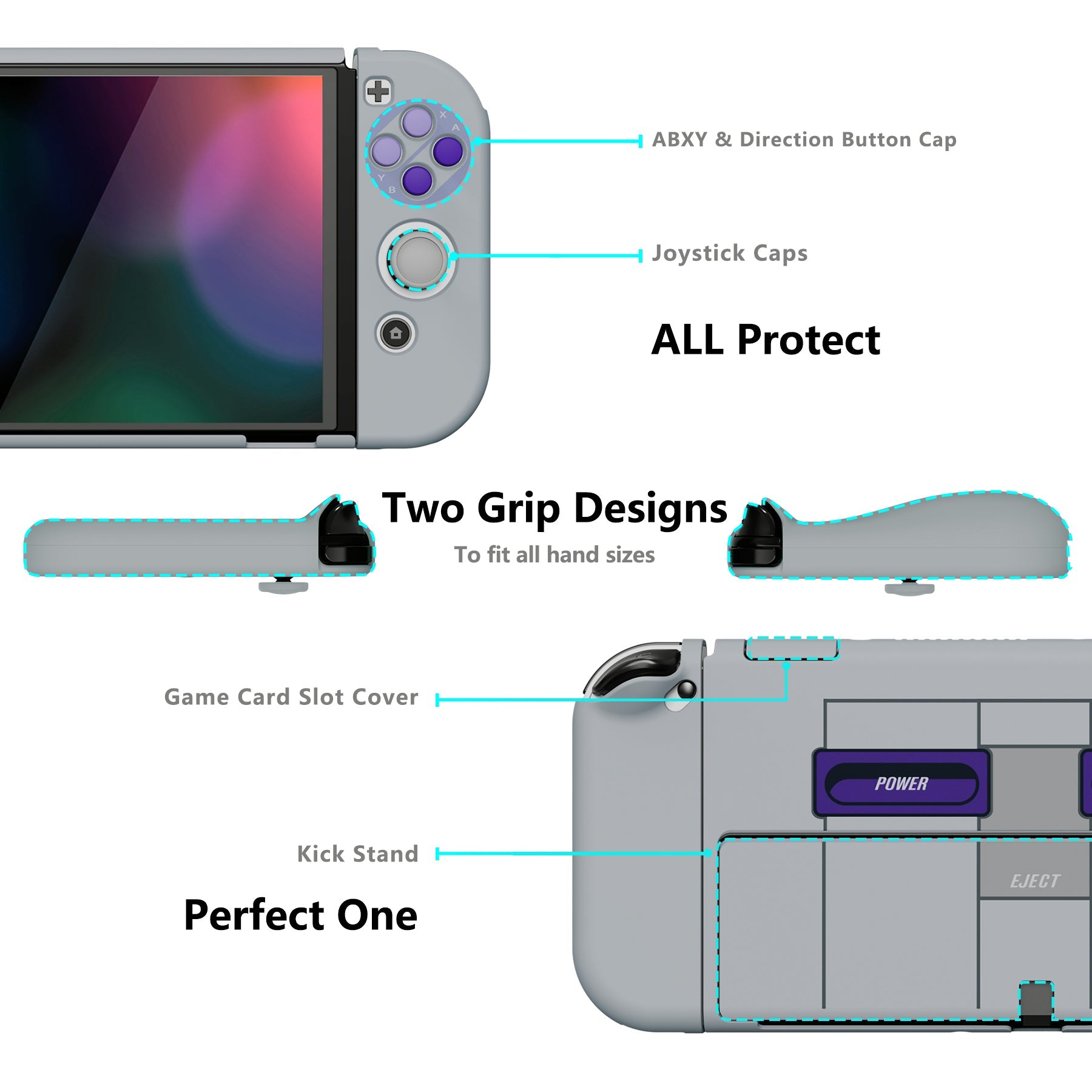 PlayVital AlterGrips Dockable Hard Shell Protective Case with Thumb Grip Caps & Button Caps for Nintendo Switch OLED - Classics SNES Style playvital