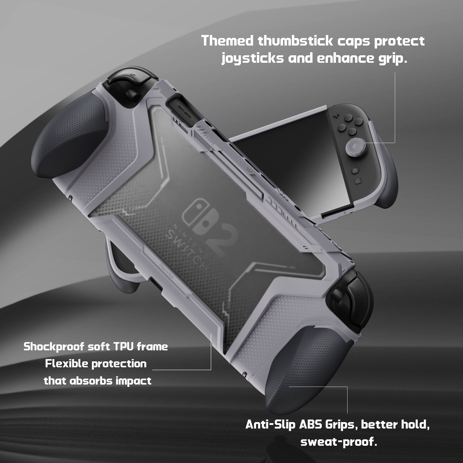 PlayVital BEYOND-GRIP Interchangeable Grip Protective Cover for Nintendo Switch 2 (2025), Ergonomic TPU Dockable Case Accessories for Switch 2 with Joystick Caps - New Hope Gray PlayVital