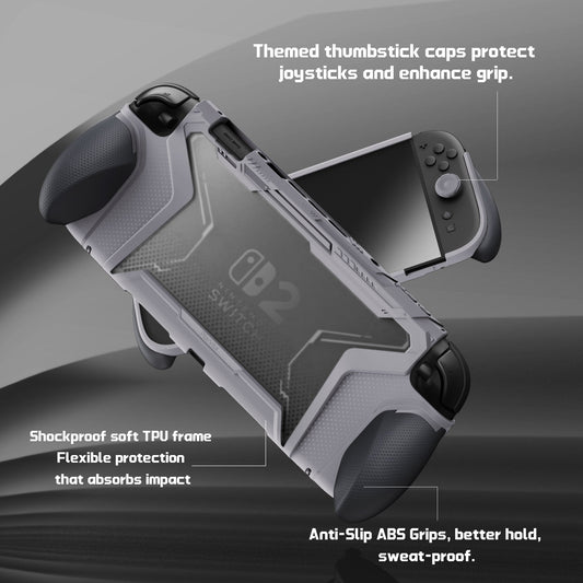 PlayVital BEYOND-GRIP Interchangeable Grip Protective Cover for Nintendo Switch 2 (2025), Ergonomic TPU Dockable Case Accessories for Switch 2 with Joystick Caps - New Hope Gray PlayVital