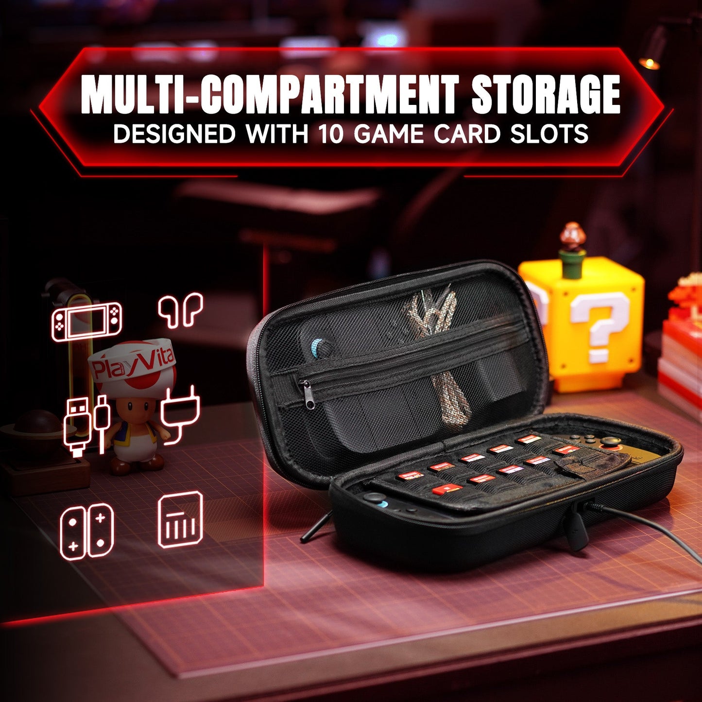 PlayVital Carrying Case for Nintendo Switch 2 with Silicone Charging Port, Shockproof Protective Hard Shell with 10 Game Card Slots for Switch 2 Accessories Storage - Black PlayVital