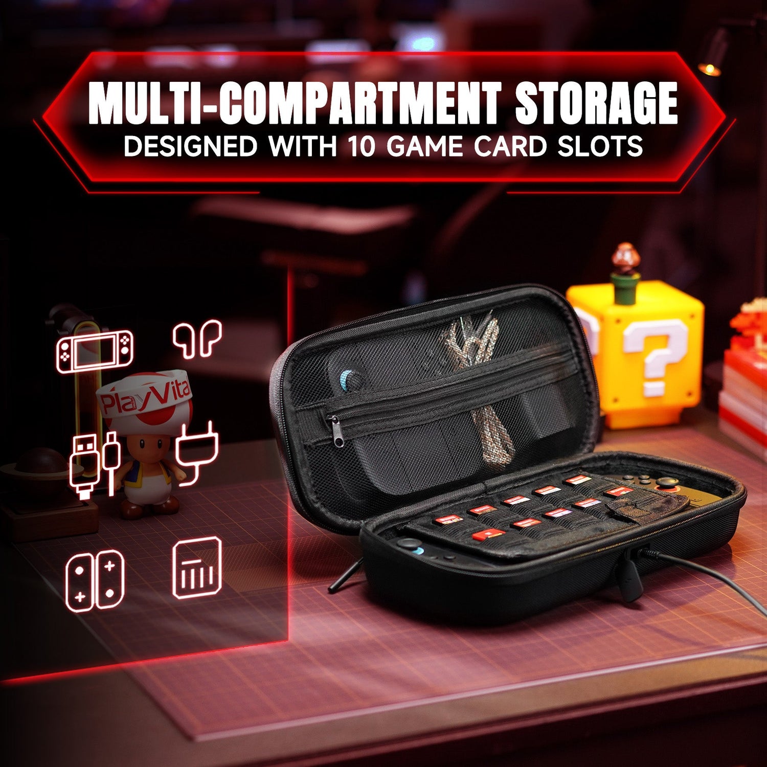 PlayVital Carrying Case for Nintendo Switch 2 with Silicone Charging Port, Shockproof Protective Hard Shell with 10 Game Card Slots for Switch 2 Accessories Storage - Black PlayVital