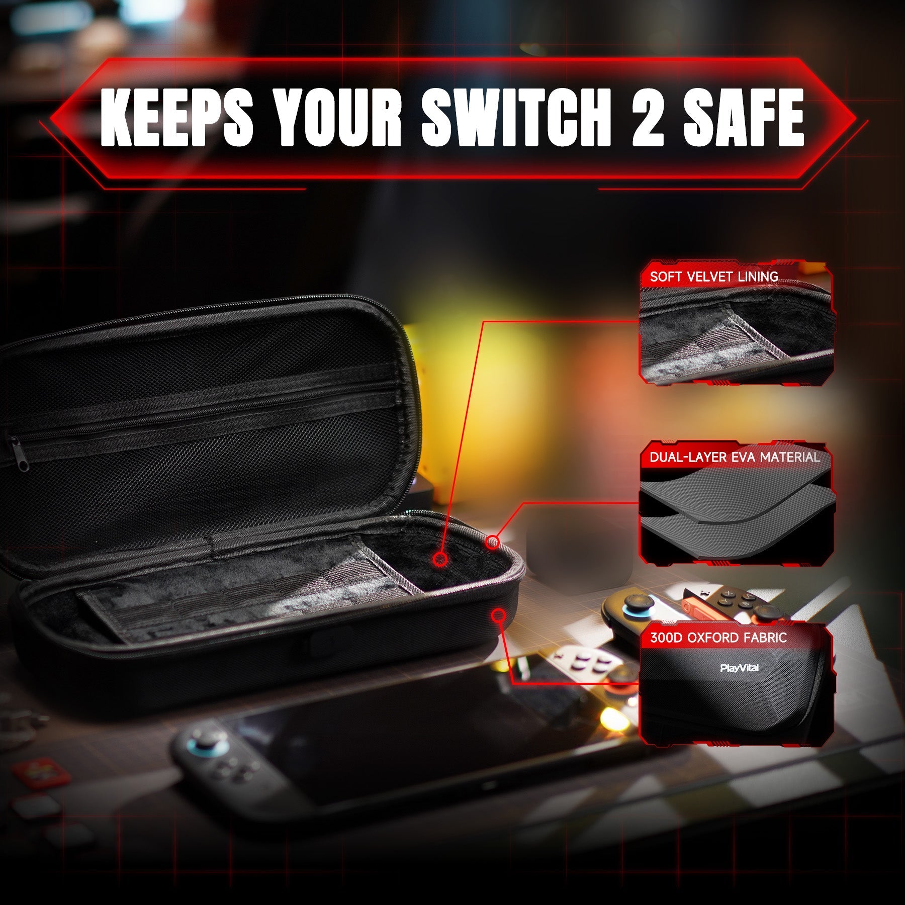 PlayVital Carrying Case for Nintendo Switch 2 with Silicone Charging Port, Shockproof Protective Hard Shell with 10 Game Card Slots for Switch 2 Accessories Storage - Black PlayVital