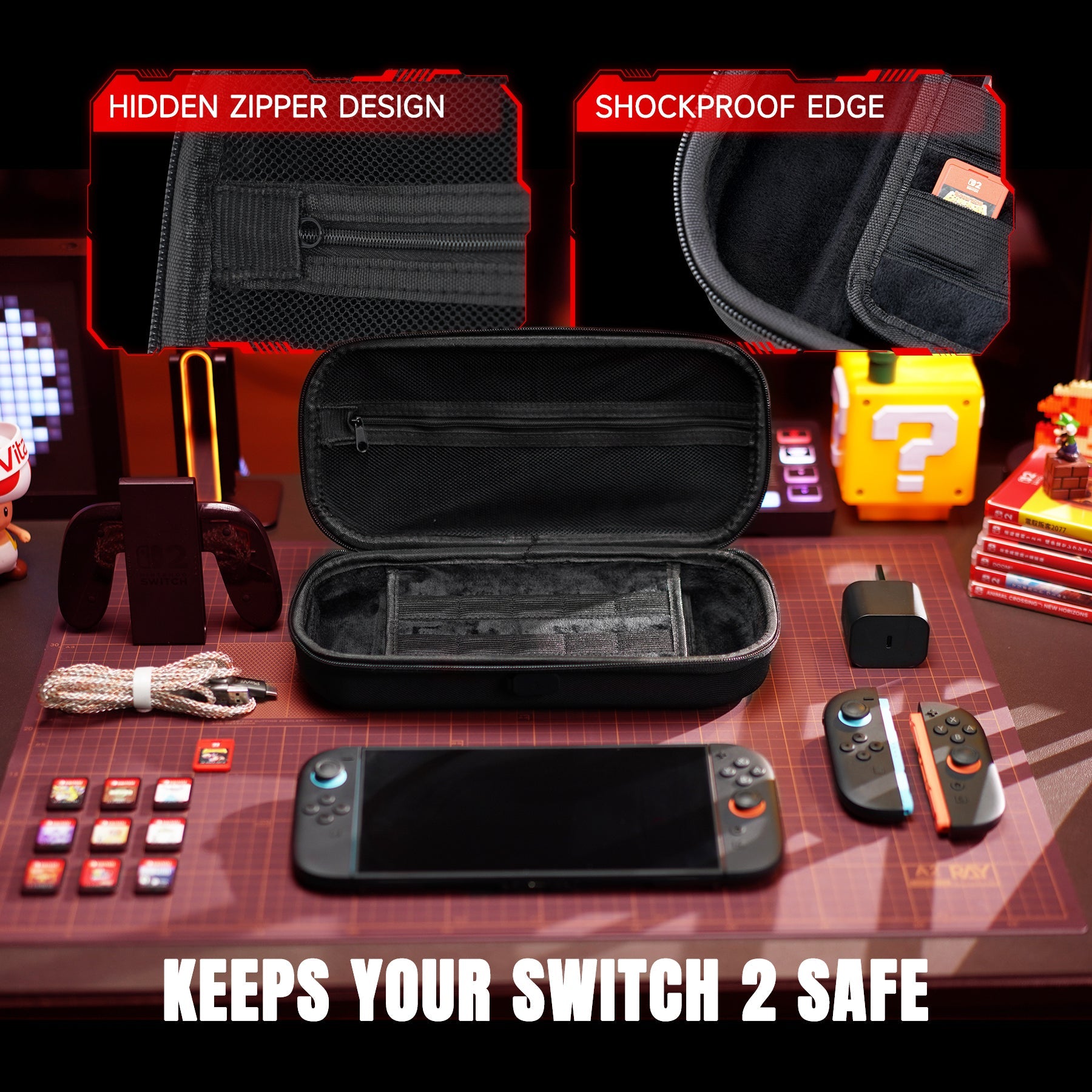 PlayVital Carrying Case for Nintendo Switch 2 with Silicone Charging Port, Shockproof Protective Hard Shell with 10 Game Card Slots for Switch 2 Accessories Storage - Black PlayVital