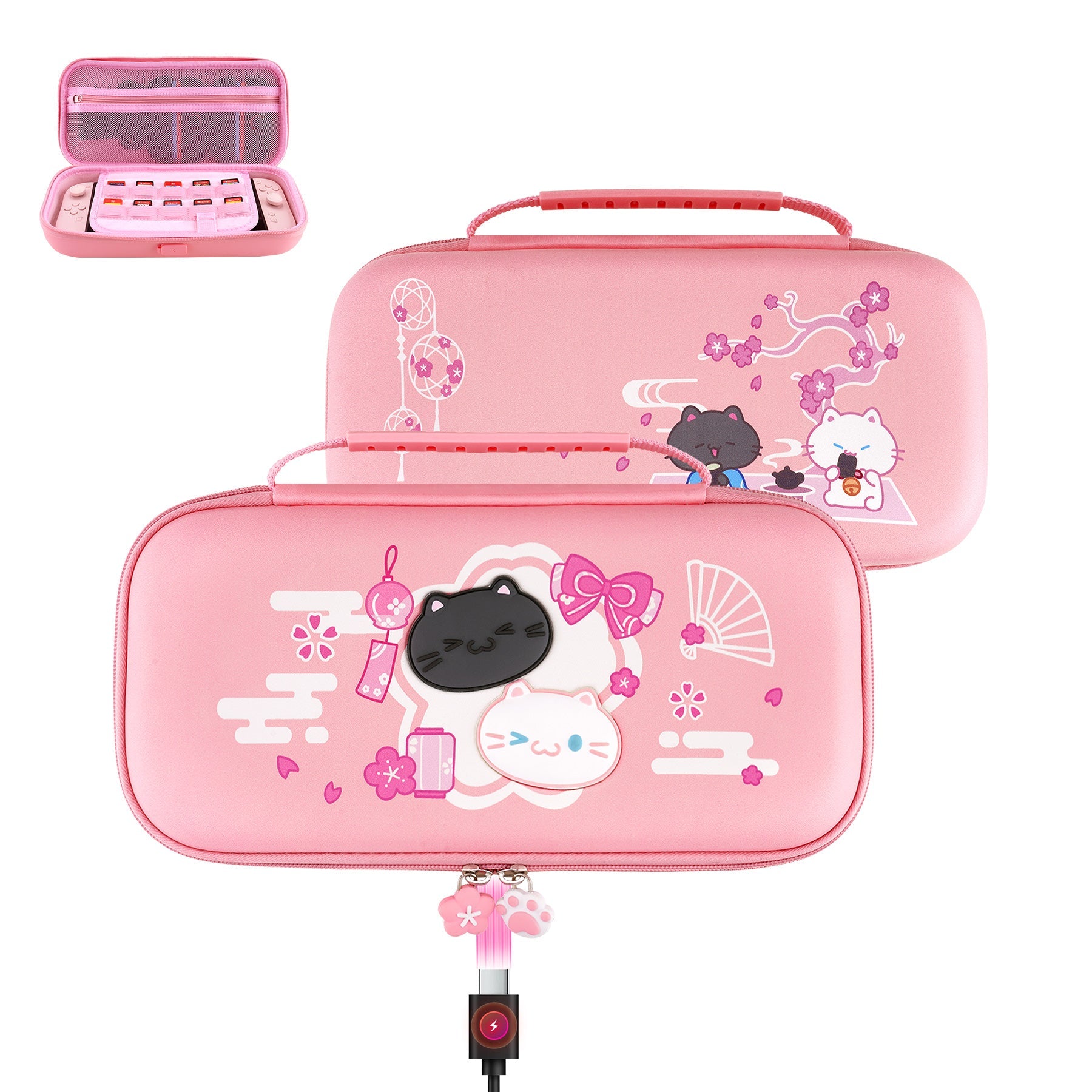 PlayVital Cherry Blossoms Kitten Carrying Case for Nintendo Switch 2, Cute Hard Shell Travel Case for Switch 2 with Silicone Charging Port & 10 Game Card Slots, Portable Storage Bag - Pink PlayVital