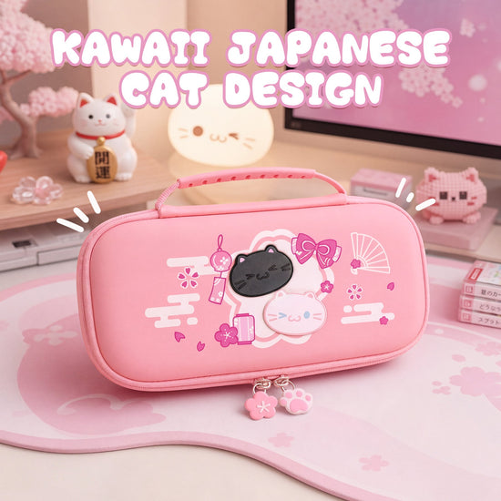 PlayVital Cherry Blossoms Kitten Carrying Case for Nintendo Switch 2, Cute Hard Shell Travel Case for Switch 2 with Silicone Charging Port & 10 Game Card Slots, Portable Storage Bag - Pink PlayVital