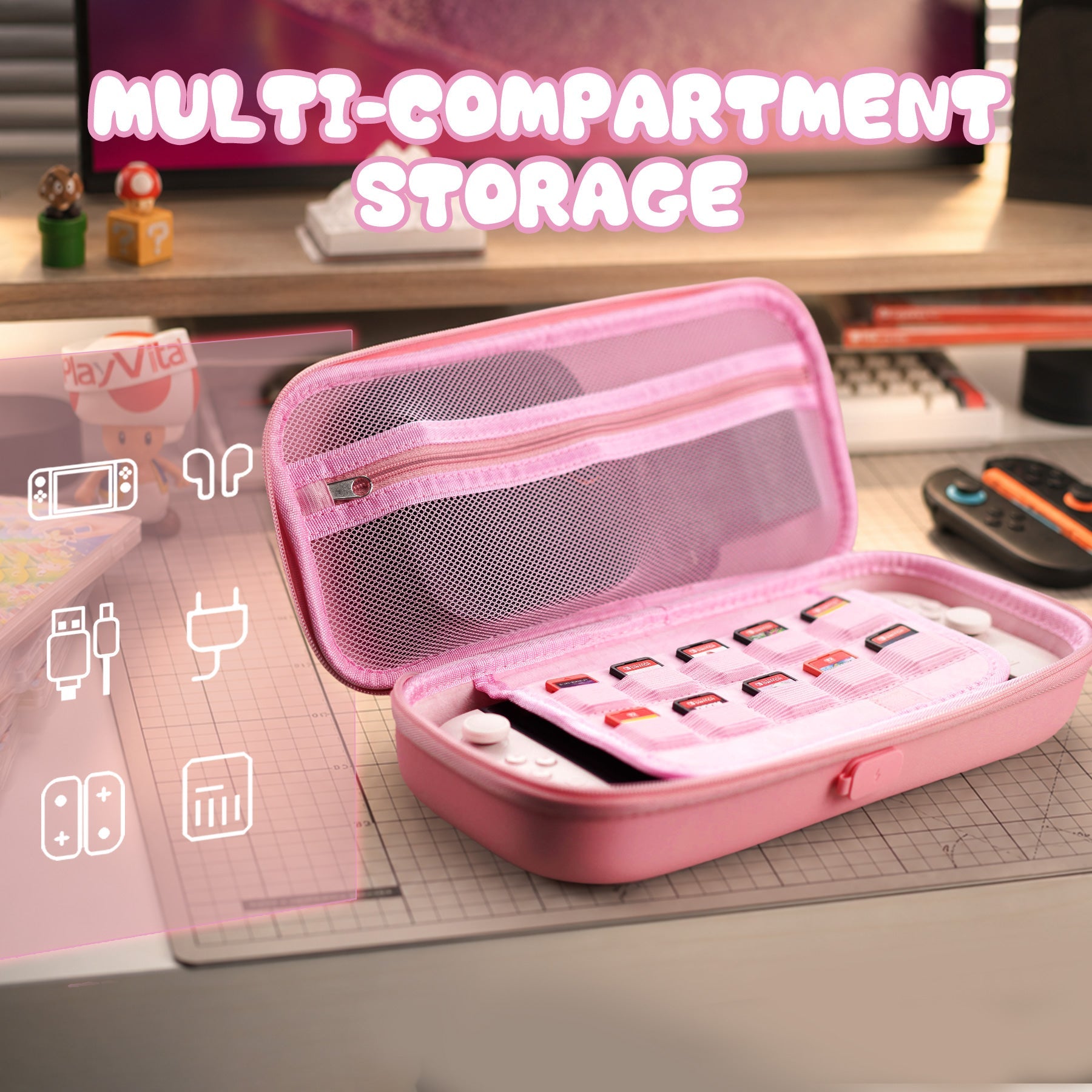 PlayVital Cherry Blossoms Kitten Carrying Case for Nintendo Switch 2, Cute Hard Shell Travel Case for Switch 2 with Silicone Charging Port & 10 Game Card Slots, Portable Storage Bag - Pink PlayVital