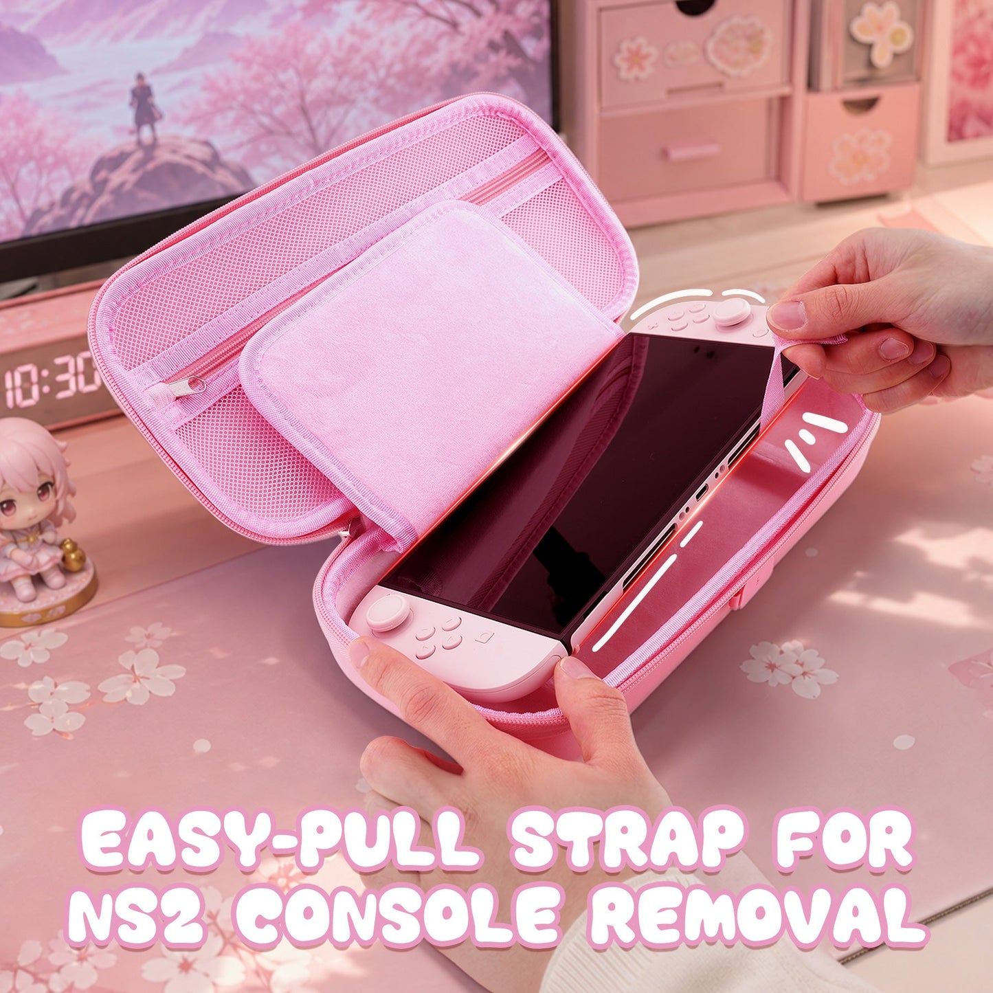 PlayVital Cherry Blossoms Kitten Carrying Case for Nintendo Switch 2, Cute Hard Shell Travel Case for Switch 2 with Silicone Charging Port & 10 Game Card Slots, Portable Storage Bag - Pink PlayVital
