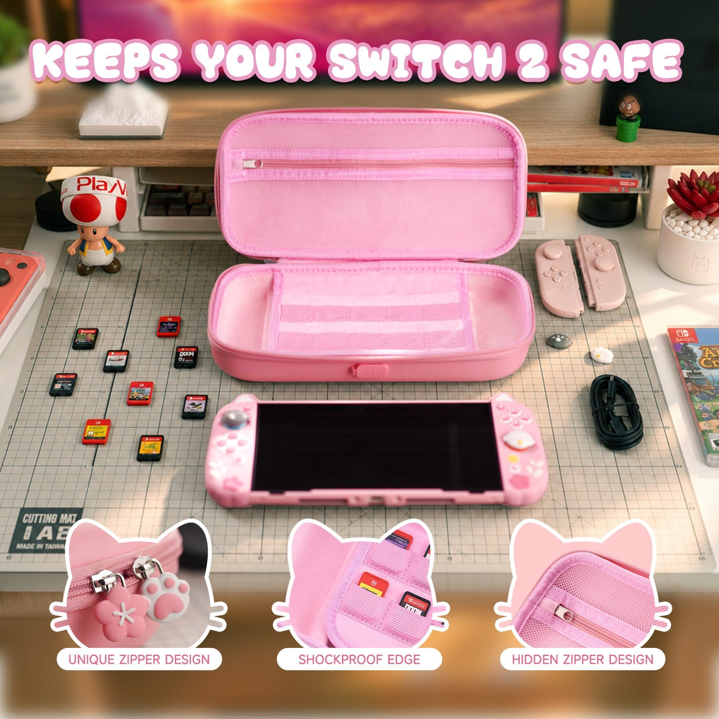 PlayVital Cherry Blossoms Kitten Carrying Case for Nintendo Switch 2, Cute Hard Shell Travel Case for Switch 2 with Silicone Charging Port & 10 Game Card Slots, Portable Storage Bag - Pink PlayVital