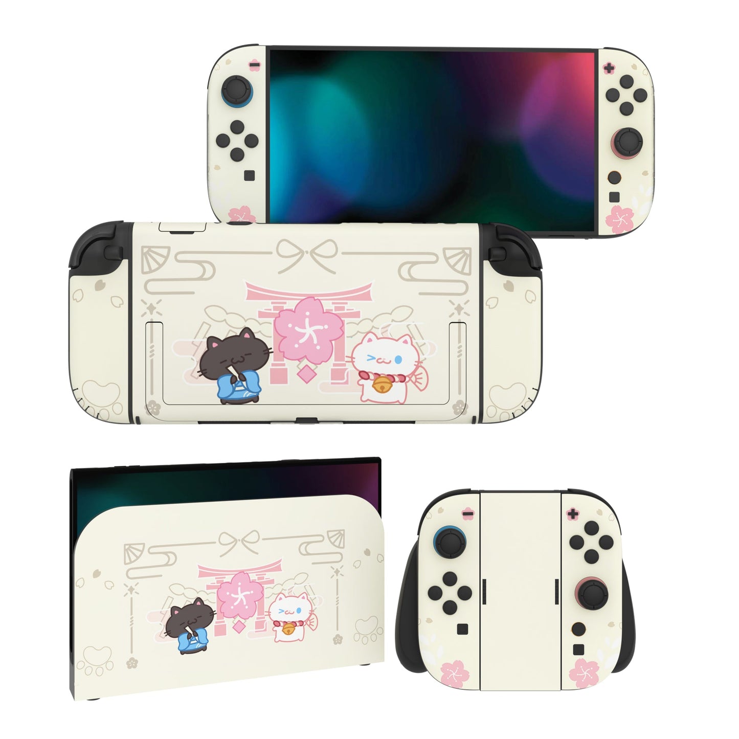 PlayVital Cherry Blossoms Kitten Custom Full Set Protective Skin Decal for Nintendo Switch 2 (2025) Console & Joycon - Antique Yellow PlayVital