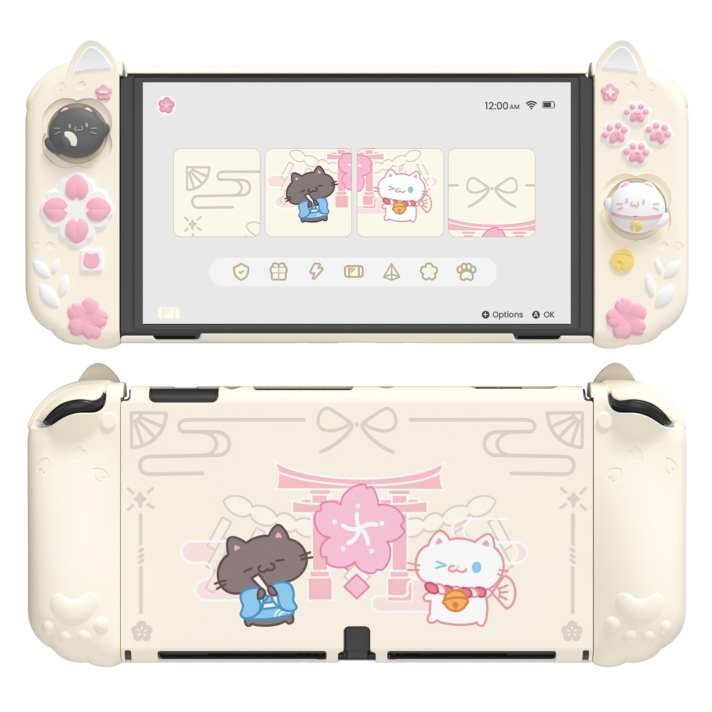 PlayVital Cherry Blossoms Kitten Dockable Hard Shell Protective Case with Thumb Grips & Extra Stand for Nintendo Switch OLED - Antique Yellow