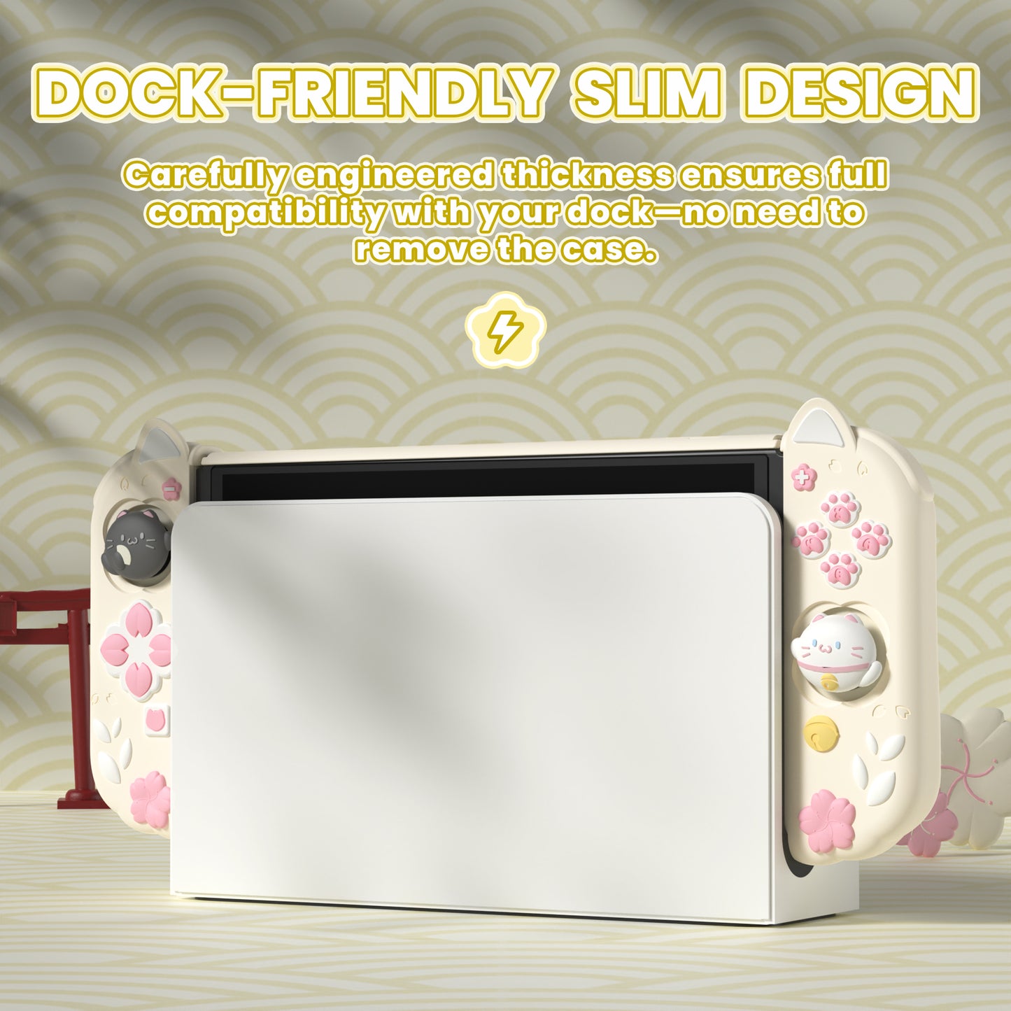 PlayVital Cherry Blossoms Kitten Dockable Hard Shell Protective Case with Thumb Grips & Extra Stand for Nintendo Switch OLED - Antique Yellow