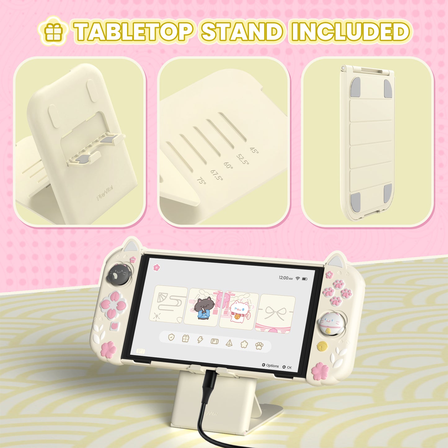 PlayVital Cherry Blossoms Kitten Dockable Hard Shell Protective Case with Thumb Grips & Extra Stand for Nintendo Switch OLED - Antique Yellow