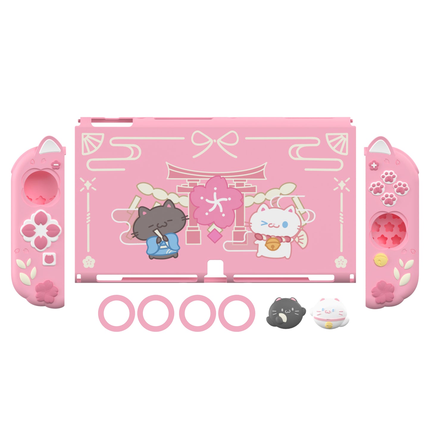 PlayVital Cherry Blossoms Kitten Dockable Hard Shell Protective Case with Thumb Grips & Extra Stand for Nintendo Switch OLED - Pink